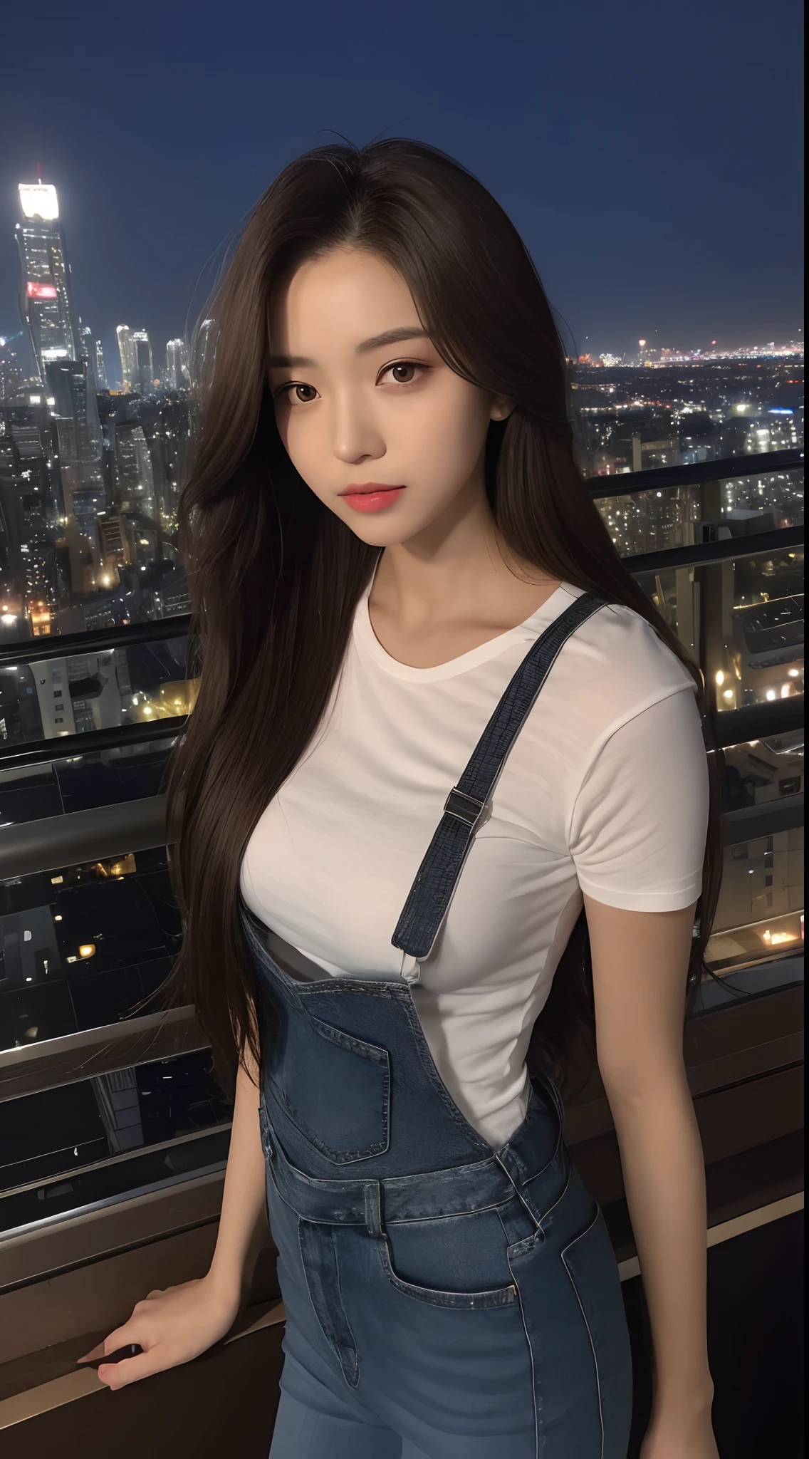 ((Midnight, Best quality, 8k, Masterpiece :1.3)), Whole body, Long legs, Sharp focus :1.2, A pretty woman with perfect figure :1.4, Slender abs :1.1, ((Dark brown hair,Gigantic breasts :1.2)), (White tight tshirt, Jean bib, Standing:1.2), ((Night city view, Rooftop:1.3)), Highly detailed face and skin texture, Detailed eyes, Double eyelid