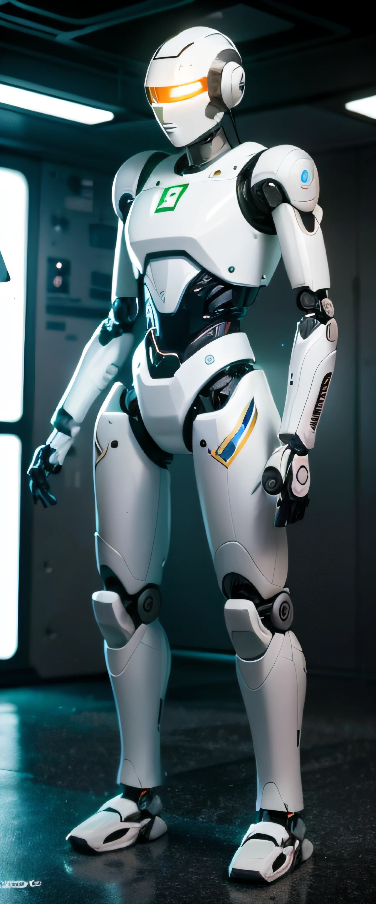Close-up of a robot standing in a room with lights, Super detailed male robot, Realistic coloring male robot parts, Male robots,rendered in nvidia's omniverse, detailed humanoid, sci - fi details, extra detailed body, Futuristic robot body, detailed cinematic rendering, sci-fi android female, With cinematic lighting, in white futuristic armor, detailed cinematic shot