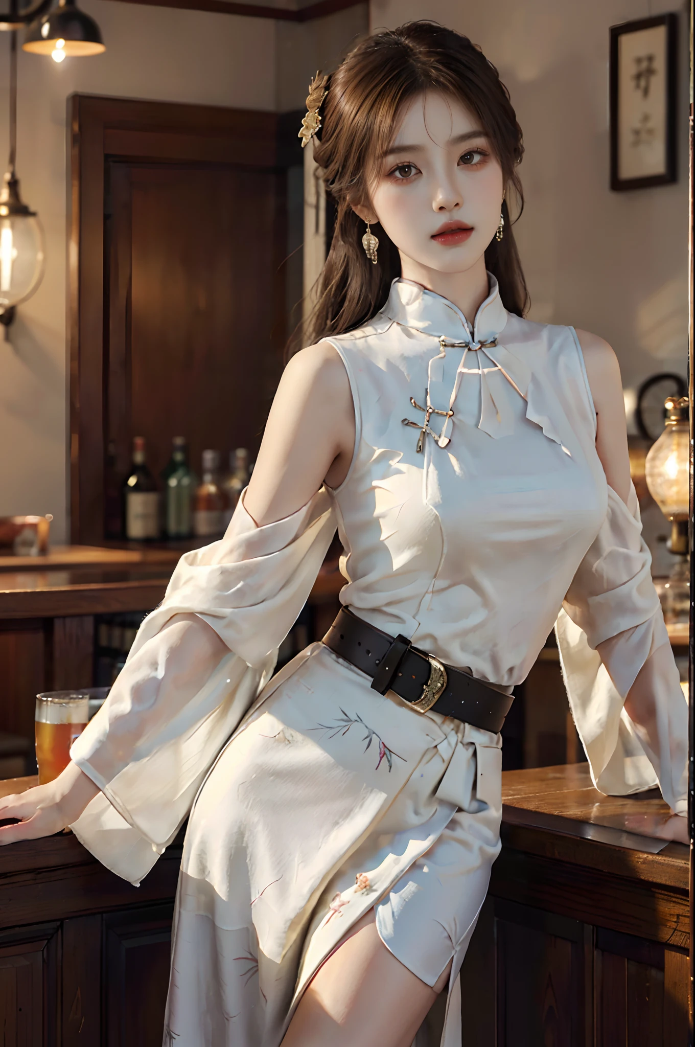((cowboy shot)), ((from below)), ((realistic)), 1 Asian female model, A young girl, (Close up), (in a pub, Sit Pose, Leaning against the bar), Look out the window, Pleasing posture, Eye-catching poses, Detailed scenes, Coiled hair, Hairpins, Beautiful hair accessories, Brownish-yellow hair, light make-up, Blushlush, Gloss on lips, pretty legs, ((White cheongsam, shawl, high-waist, Nice belt)), ((warm lights, a warm color palette)), (Extremely high color saturation), Detailed details, ultra-detailliert, (tmasterpiece, best qualtiy), (An extremely delicate and beautiful work), Delicate earrings, Delicate necklace, Simple blurred background, Extreme detail description, Ultra-fine painting, Delicate face, slim toned body, Slimming the waist, (high and cold, Goddess of high cold, Cold and glamorous), (anatomy correct)