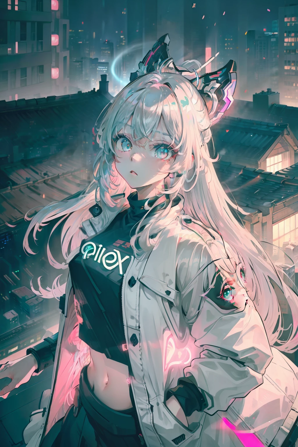 (masterpiece), best quality, expressive eyes, perfect face Neon white hair long. Pink eyes glowing in the city woman , white jacket Beautiful facr Pink Halo On the roof top of school night time, 1girl, green eyes, navel, meaw