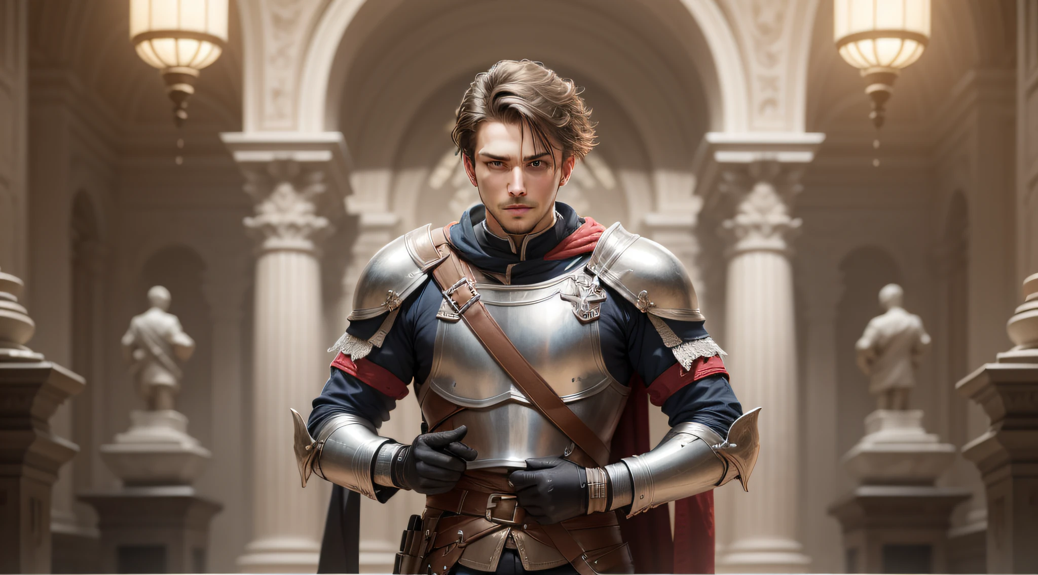 A man in armor standing in a hall with a sword - SeaArt AI