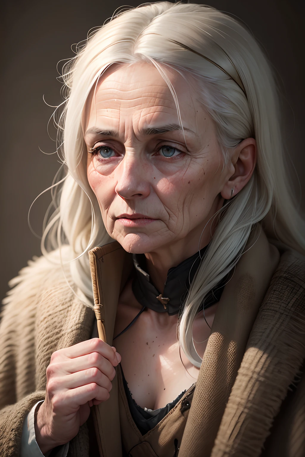 Highly detailed RAW portraits,Tired Irish Old Woman, Worn textures, Visible skin pores, and nose piercing. Lighting is perfectly balanced,realisticlying, Has sharp focus and smooth depth of field. Shot in 8K UHD with Sony Alpha 1 and 85mm f/1. 4 lens,a shutter speed of 1/500 and ISO 100 film. The color palette is neutral and soft, Render realistic depictions.