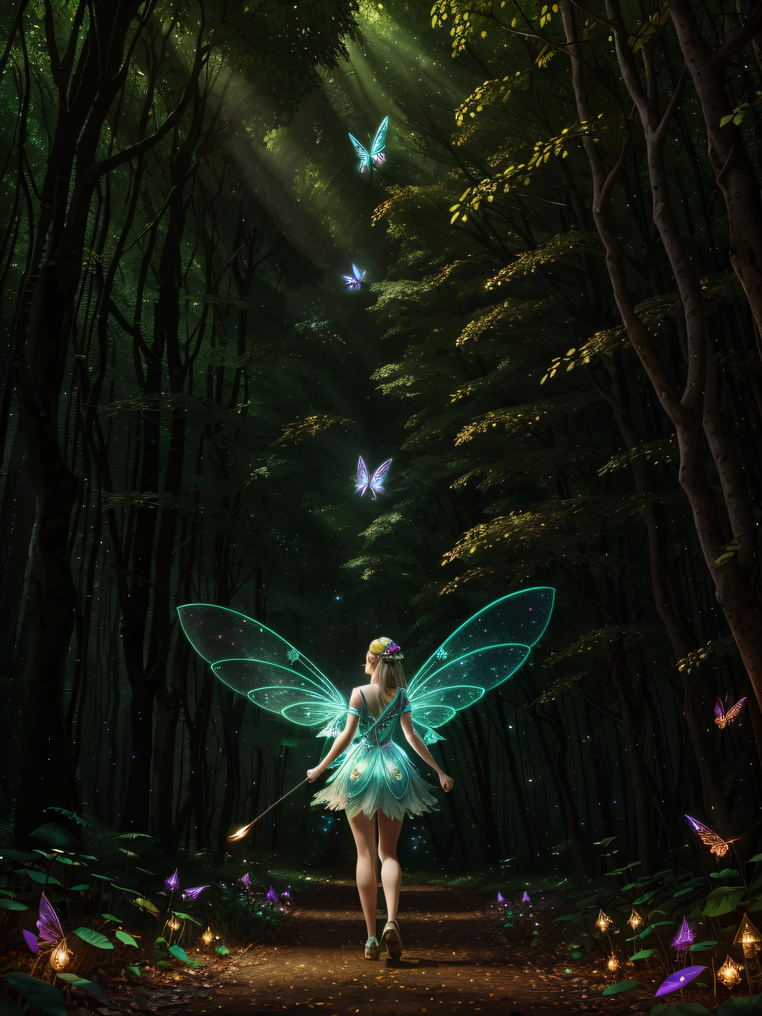 full body fairy fly in the forest fairies, fairy fairies, colorful wings, fairy dust, flying fairies holding wands, magical lights, (masterpiece:1.6, best quality), (extremely detailed CG unity 8k wallpaper, masterpiece, super detailed, best shadows), (detailed background), fairy aesthetics, very beautiful fantasy art