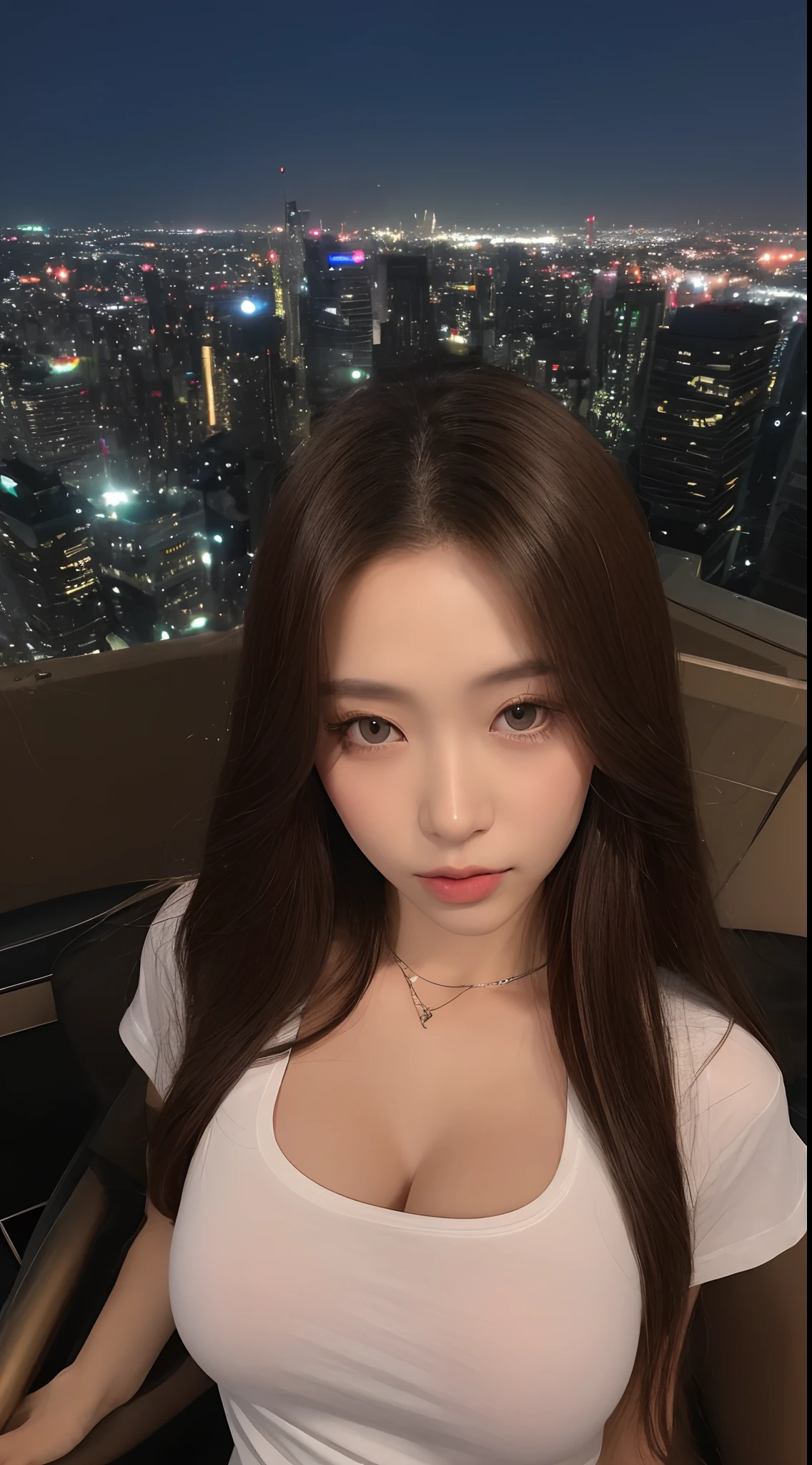 ((Midnight, Best quality, 8k, Masterpiece :1.3)), Whole body, Long legs, Sharp focus :1.2, A pretty woman with perfect figure :1.4, Slender abs :1.1, ((Dark brown hair,Gigantic breasts :1.2)), (White tight tshirt, Jean bib, Standing:1.2), ((Night city view, Rooftop:1.3)), Highly detailed face and skin texture, Detailed eyes, Double eyelid