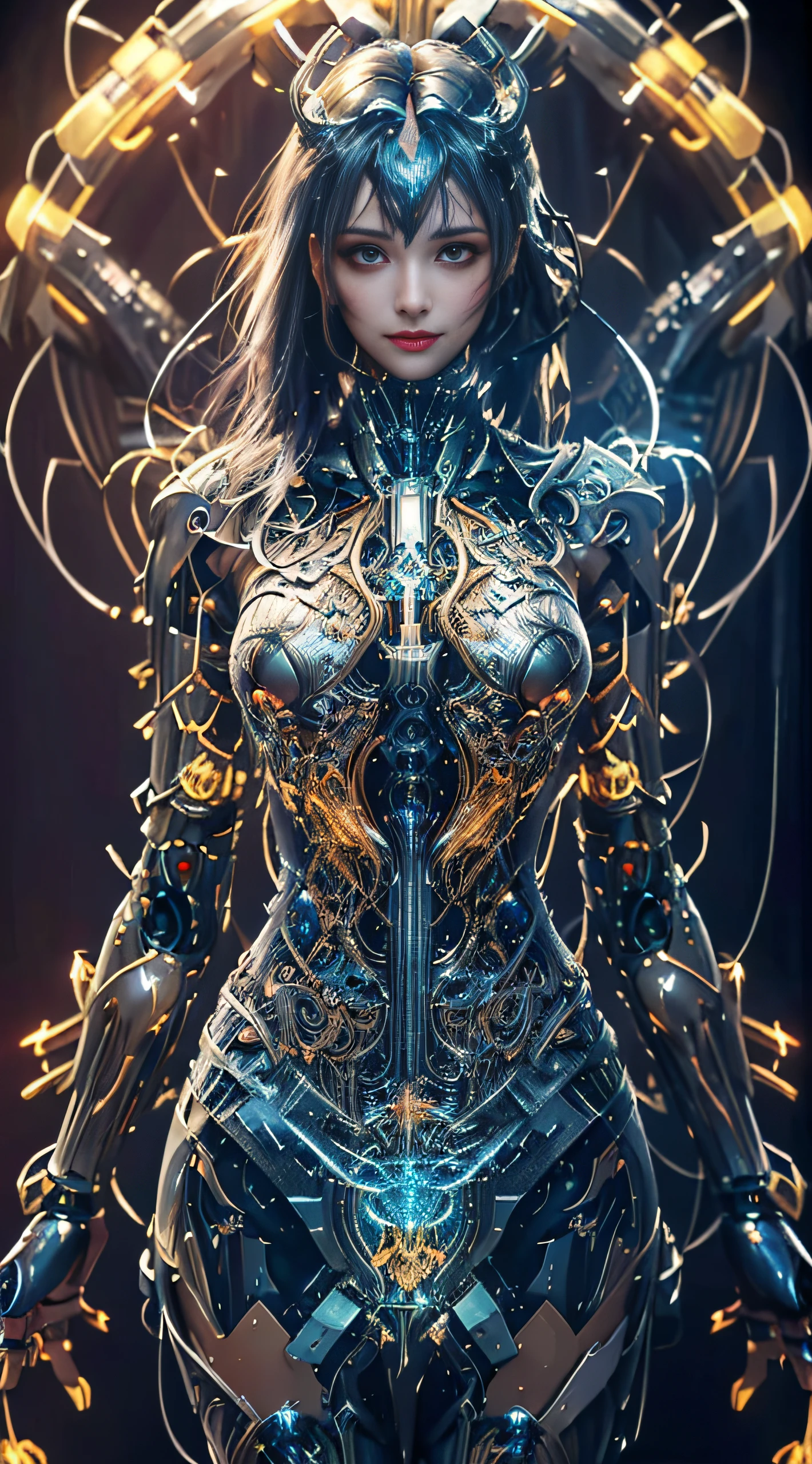 masterpiece,best quality,ultra-detailed,very detailed illustrations,extremely detailed,intricate details,highres,super complex details,extremely detailed 8k cg wallpaper,cowboy shot, caustics,reflection,ray tracing,demontheme,nebula,dark aura,cyber effect, (1girl:1.4),solo,alone,mecha musume,mechanical parts, robot joints,single mechanical arm, headgear, mechanical halo,star halo,intricate mechanical bodysuit, mecha corset, kimono, full armor, very long hair,white hair, hair between eyes, multicolored hair, colored inner hair, red eyes,glowing eye,eye trail, random expressions,random action, ancient japanese architecture,pond, starry sky,skyline,