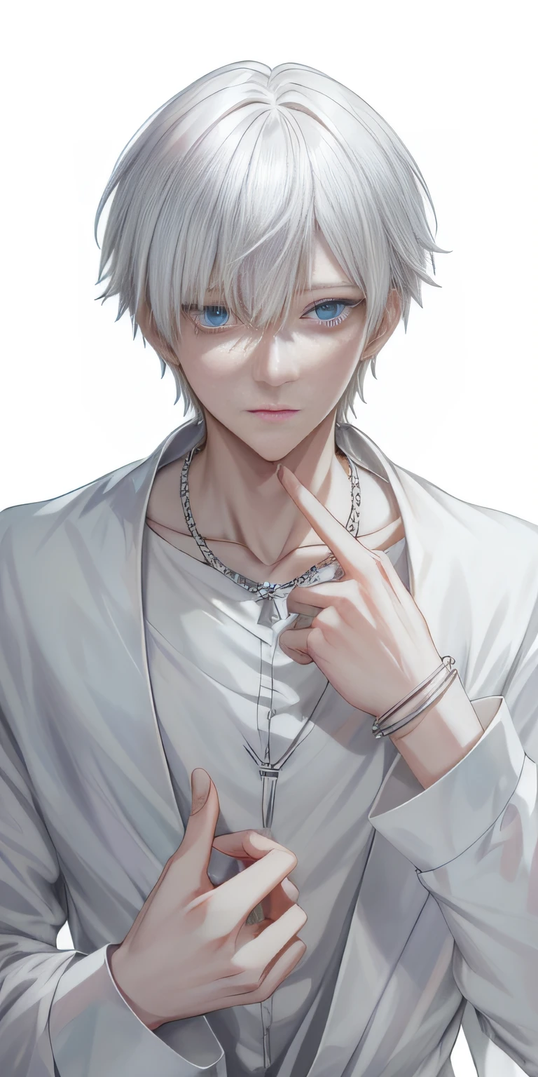 White-haired anime person, White shirt and silver necklace, kaneki ken, Tall anime guy with blue eyes, kaneki ken, male anime character, killua zoldyck made of jewlery, silver eyes full body, Handsome anime pose, with index finger, Anime handsome man, kaworu nagisa, Delicate androgynous prince