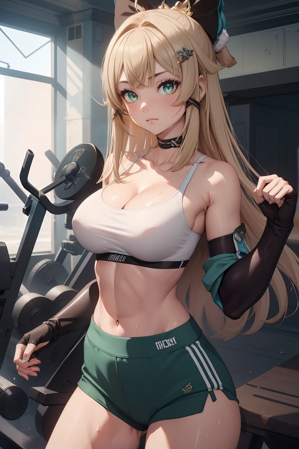 (masterpiece, sidelighting, finely detailed beautiful eyes: 1.2), masterpiece*portrait, 3d face, lustrous skin, 1girl, green eyes, full body, cleavage, ((white sport bra)), green shorts, wet, sweaty, gym, solo, exercise, gloves, fingerless gloves, white gloves, indoors, (muscles:0.8), (abs:0.8), crop top,, midriff, bare shoulders, (gym)