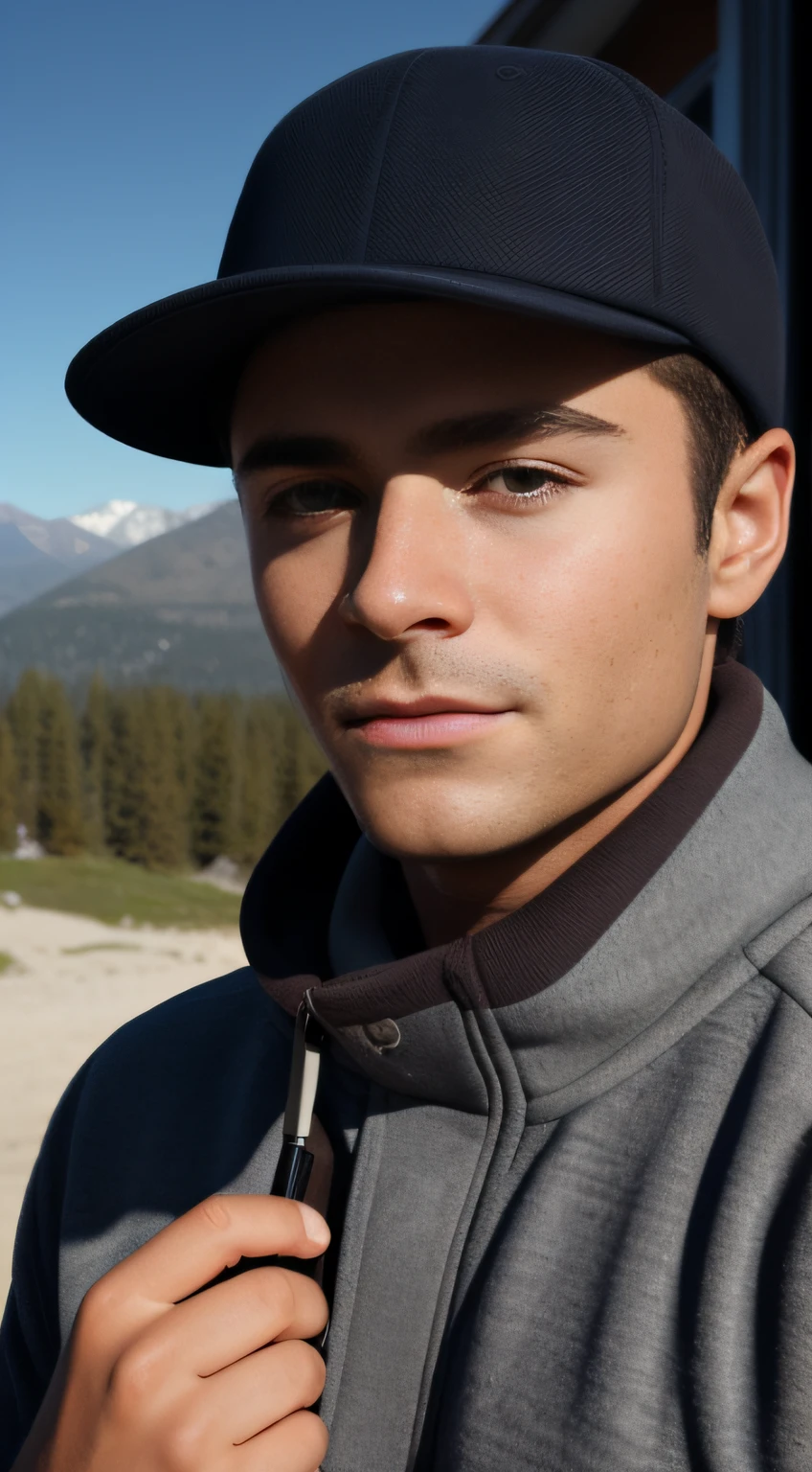 male portrait, beautiful face, perfect face, deliberate, masterpiece, best quality, highest quality, cinematic lighting, very beautiful, ultra realistic, beautiful, outdoors, (day), mountains, nature, (stars, moon) cheerful, happy, backpack, sleeping bag, camping stove, water bottle, mountain boots, gloves, sweater, hat, flashlight, forest, rocks, river, wood, smoke, shadows, contrast, clear sky, analog style (look at viewer:1.2) (skin texture) (film grain:1.3), (warm hue, warm tone:1.2), close up, Zac efron, cinematic light, sidelighting, ultra high res, best shadow, RAW, upper body, wearing pullover