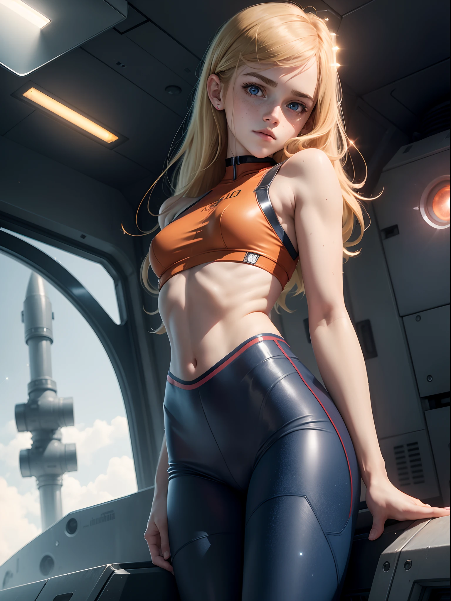 emma watson dressed in a plugsuit of evangelion blonde. freckles. sparkly blue eyes that speak of innocence and acceptance. Slender frame and beautiful figure. tight red pants. crop top. reading while lying outside a spaceship. ripped clothes exposing muscle. sci-fi.