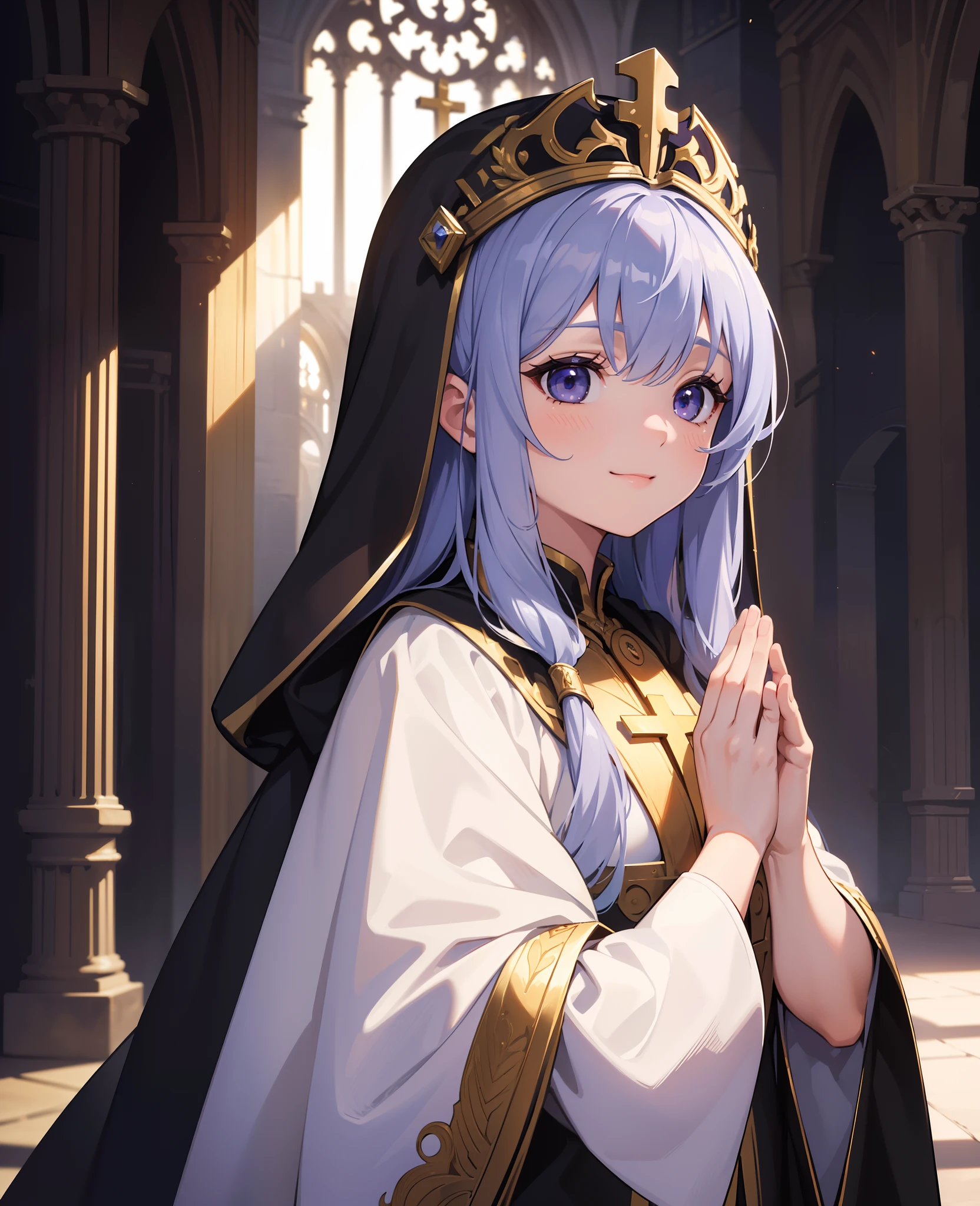 (masterpiece, best quality), (absurdres:1.2), (novel illustration:1.2), (ultra detailed, 8K, ultra highres:1.2), 1girl, young, long hair, (cinematic composition), (fantasy), archbishop costume, cross, mitre, cape, smile, (praying), holy light, cathedral