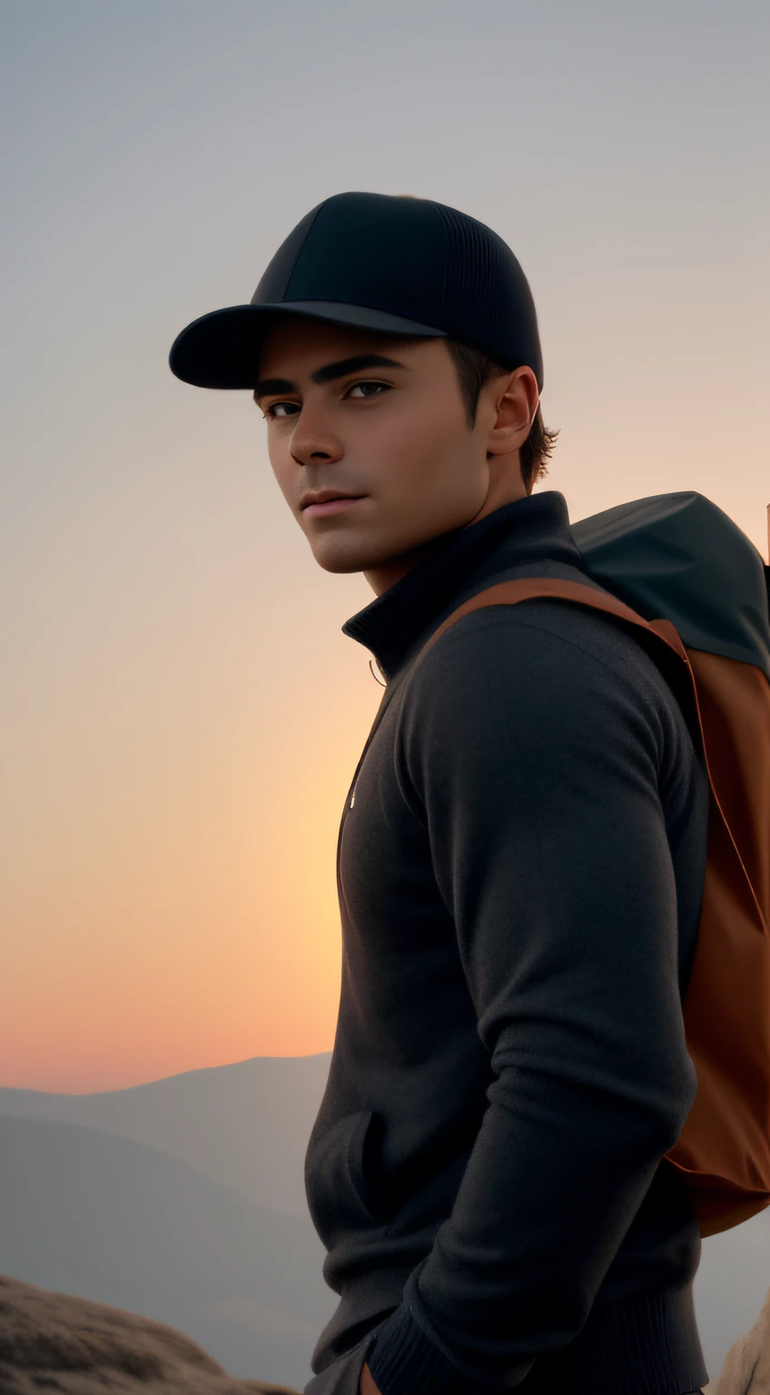 male portrait, beautiful face, perfect face, deliberate, masterpiece, best quality, highest quality, cinematic lighting, very beautiful, ultra realistic, beautiful, outdoors, (day), mountains, nature, (stars, moon) cheerful, happy, backpack, sleeping bag, camping stove, water bottle, mountain boots, gloves, sweater, hat, flashlight, forest, rocks, river, wood, smoke, shadows, contrast, clear sky, analog style (look at viewer:1.2) (skin texture) (film grain:1.3), (warm hue, warm tone:1.2), close up, Zac efron, cinematic light, sidelighting, ultra high res, best shadow, RAW, upper body, wearing pullover
