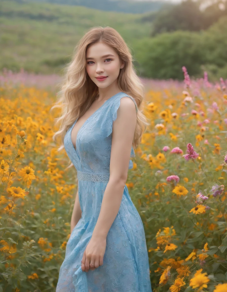 (medium close-up),(masutepiece, Vivid portrait:1.3), (Seductive depiction of blonde woman in flower garden:1.2), (Canon EOS 5D Mark IV Camera, Famous for capturing vibrant colors and rich textures:1.2), (Paired with Canon EF 35mm F/1.4L II USM lens for versatile compositions:1.2), (Flowing, voluminous blonde hair caught in the breeze, Adding dynamism:1.1), (Glowing blue eyes reflecting the shade of the sky:1.1), (A perfect face that exudes perfection:1.1), (Knee-length sundress full of kaleidoscopes of colors:1.1), (Her cheerful smile radiating pure happiness:1.1), (Playful movements of the dress to capture the light:1.1), (A mix of wildflowers to create a vibrant backdrop:1.1), (Sunlit fields depicting a joyful atmosphere:1.1), (The sensor of the camera is、Captures the intricate texture of her hair and fabric:1.1), (Lenses that highlight her seductive smile and vibrant outfit:1.1), (A moment to capture carefree joy in nature:1.1), (The synergy of color and emotion in one frame:1.1), (Portrait capturing the essence of the radiant spirit in a blooming landscape:1.1)