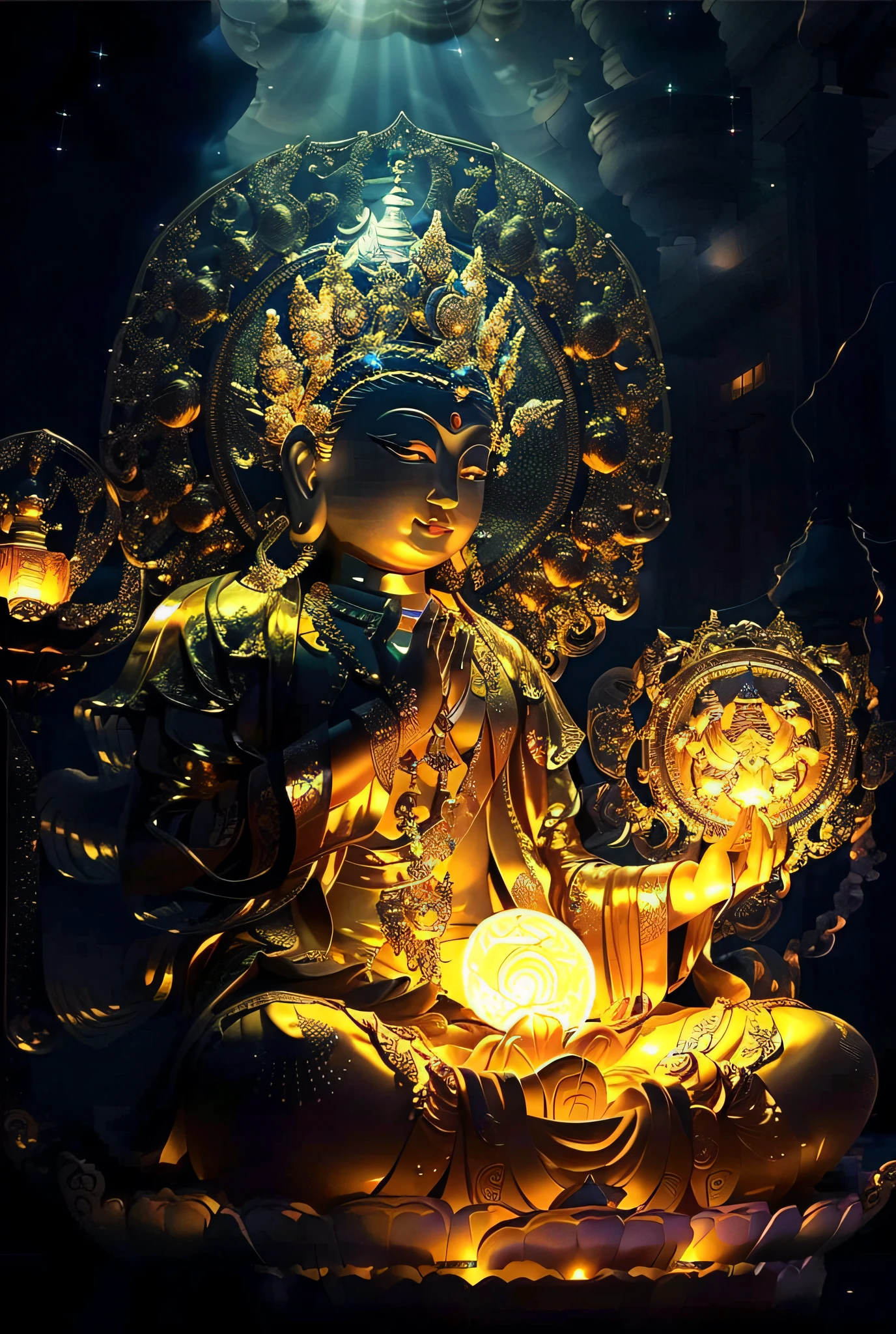 Buddha with shining lights and shining orbs, buddhism, Enlightenment. Convoluted, glowing from the inside, Spiritual enlightenment, the buddha, on path to enlightenment, on path to enlightenment, Cosmic Enlightenment, enlightenment, Beautiful depiction, Energy divergence and outflow, samsara, Shining golden aura, Beings of another dimension, The Holy Grail of Understading