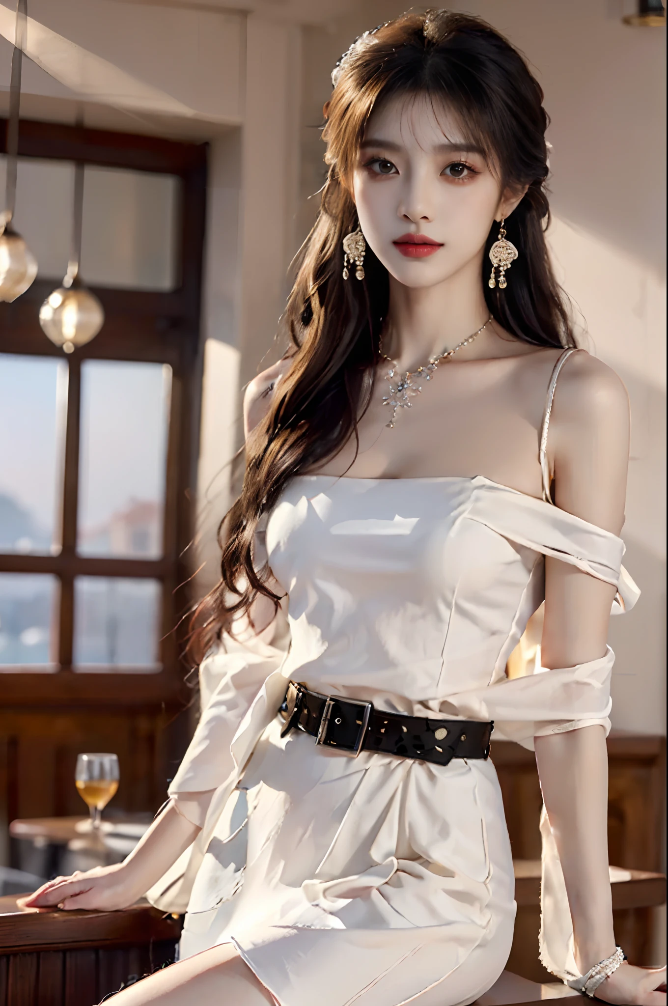 ((knee shot)), ((from below)), ((realistic)), 1 Asian female model, A young girl, (Close up), (in a pub, Sit Pose, Cross ed leg, Leaning against the bar), Look out the window, Pleasing posture, Eye-catching poses, Detailed scenes, Coiled hair, Hairpins, Beautiful hair accessories, Brownish-yellow hair, light make-up, Blushlush, Gloss on lips, pretty legs, ((White cheongsam, shawl, high-waist, Nice belt, high-heels)), ((warm lights, a warm color palette)), (Extremely high color saturation), Detailed details, ultra-detailliert, (tmasterpiece, best qualtiy), (An extremely delicate and beautiful work), Delicate earrings, Delicate necklace, Simple blurred background, Extreme detail description, Ultra-fine painting, Delicate face, slim toned body, Slimming the waist, (high and cold, Goddess of high cold, Cold and glamorous), (anatomy correct)