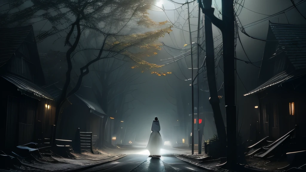 (best quality,photorealistic:1.2), a woman in a white dress waving on a highway, UFC, (RND1), ultra-fine details, eerie eroticism, dimly lit night, creepy trees