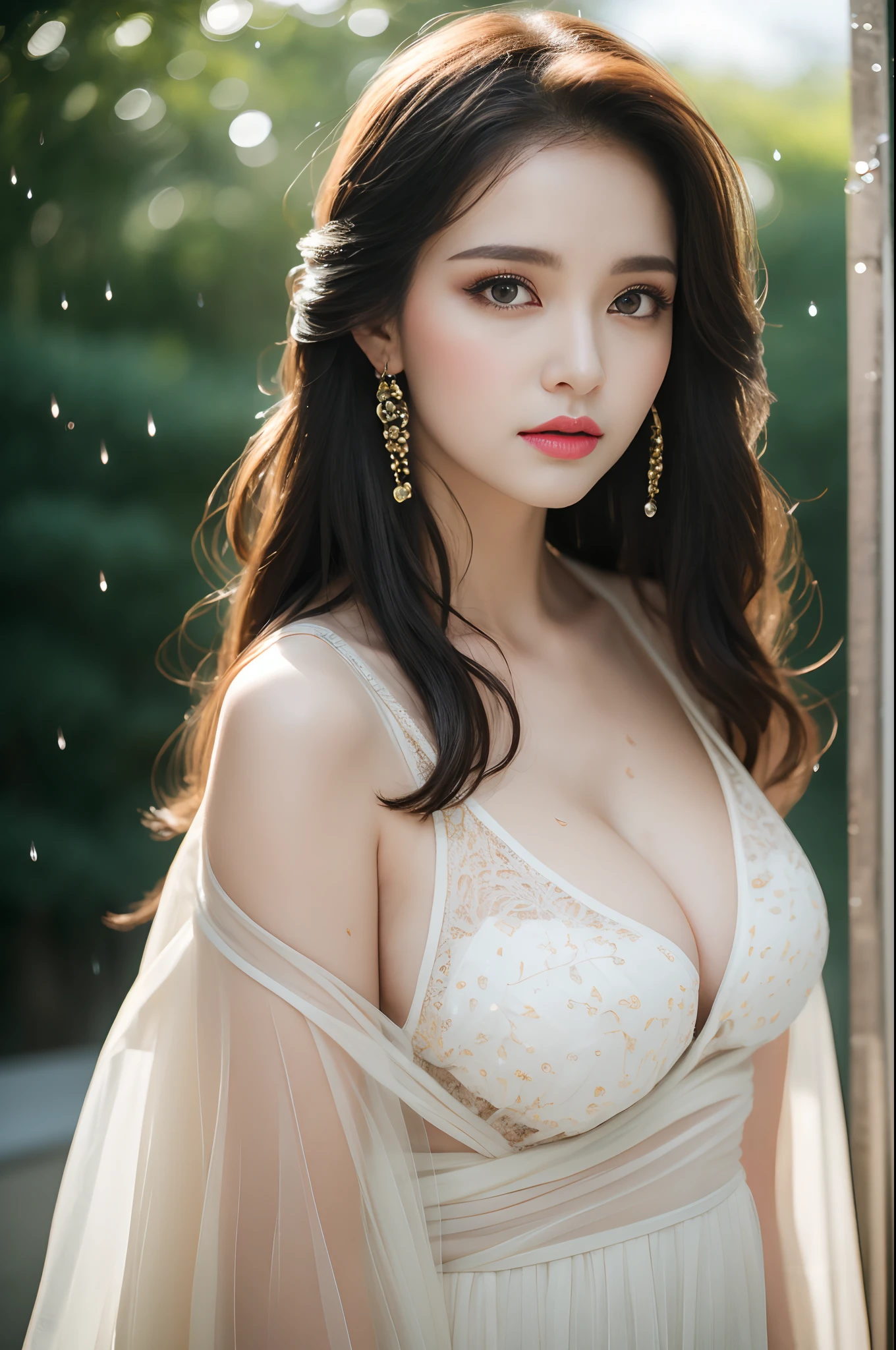 ((Best Quality, 8k, Masterpiece: 1.3)), Focus: 1.2, Perfect Body Beauty: 1.4, Buttocks: 1.2, ((Layered Haircut)), (Wet Clothes: 1.1), (Rain, Street:1.3), (Breasts: 1.2), (Hanfu: 1.2), Bare Shoulders, Bare Legs, Highly Detailed Face and Skin Texture, Fine Eyes, Double Eyelids, Whitened Skin, Long Hair, (Shut Up: 1.5), (Bokeh Background: 1.5), Big Breasts