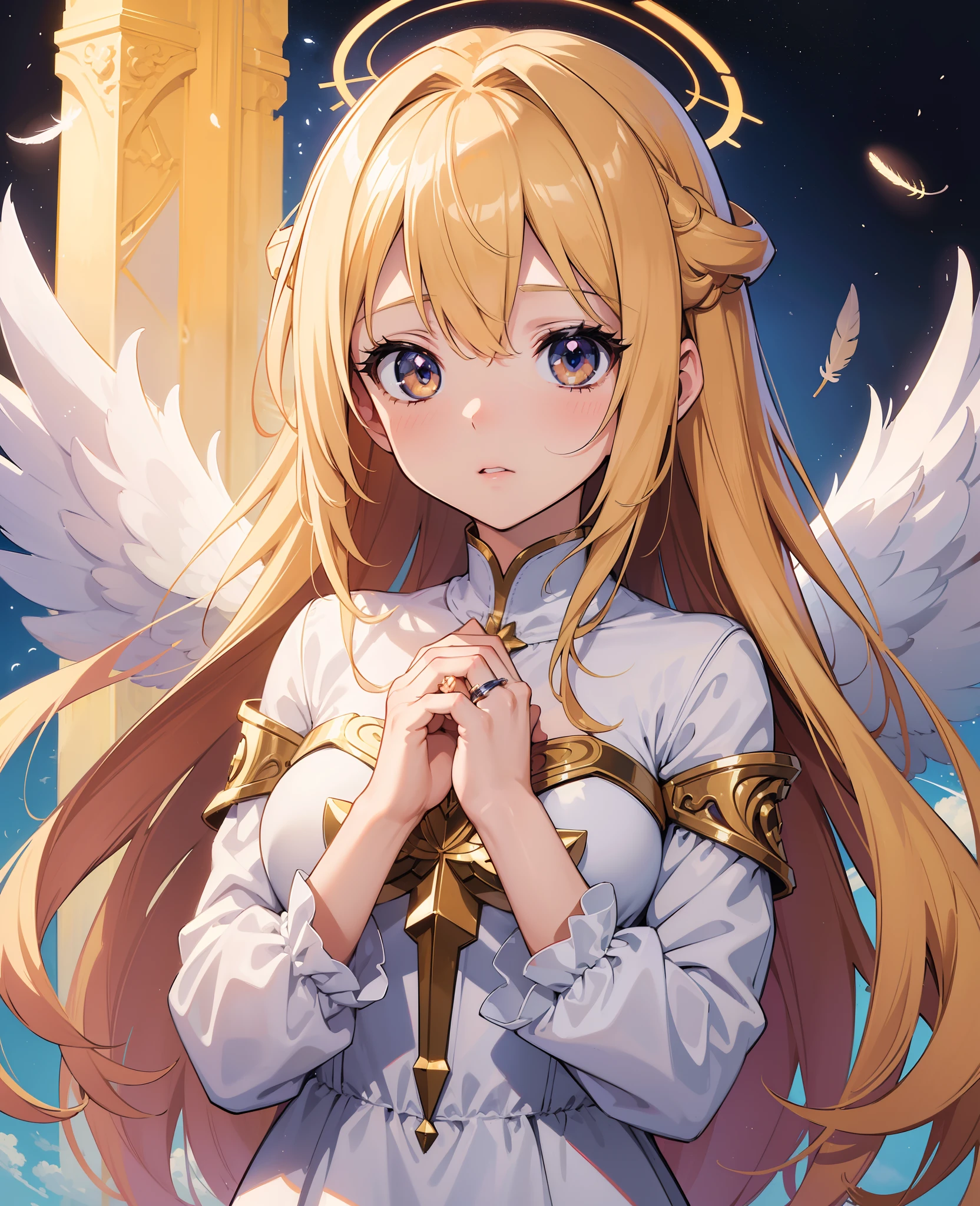 (masterpiece, best quality), (absurdres:1.3), (anime illustration:1.3), (ultra detailed, 8K, ultra highres:1.2), 1girl, young, long hair, blonde hair, cinematic composition, (fantasy), angel, halo angel ring, white dress, praying, hands on chest, wings, feathers, in heaven, holy light background