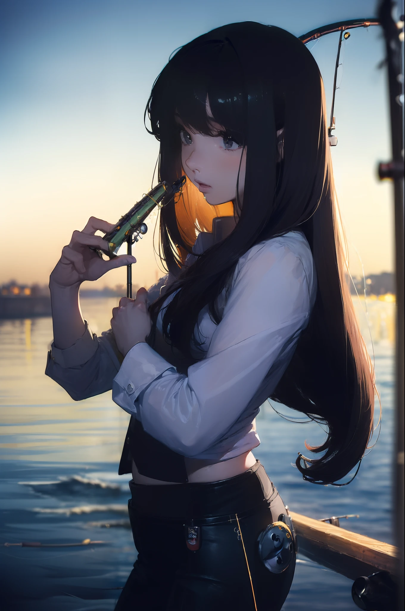 ((((Have fishing rod with a reel:1.5)))),((Female 28 years old)),((Best Quality:1.5)),(((Hands with the correct number and structure of fingers:1.4))),((lakeside:1.37)),hight resolution,ultra-detailliert,​masterpiece,best qualtiy,(Eight-headed body),Black hair, long eyeslashes, Solid Circle Eyes, drop shadow, Atmospheric perspective,Super Detail, ccurate, small brest,(Black jacket and black jeans :1.1),top-quality, blurry backround, bokeh dof:1.2, (​masterpiece:1.3),  Atmospheric perspective,Super Detail,dynamic compositions, Ultra High Quality,