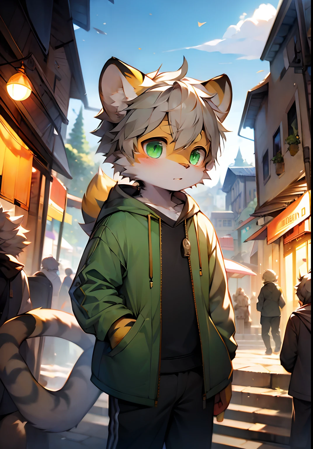 （catss，Gray hair and green pupils，Yellow and white coat color，adolable，vivaciousness，Libido boy，underage,Wear a sweatshirt with a pink pattern，lively and lovely，shorter pants, Wind element，shaggy），Digital artwork with cinematic lighting.A boy，Monosomy anthropology,Furry,feral,(Digital media \(artwork of a\):1.2),(hi，It's nothing,absurd res:1.2),Perfect anatomy,Anatomically correct,Detailed,Detailed face,Detailed eyes,(Realistic fur,Detailed fur:1.25),Detailed background,amazing background. Break (author：Puinki \(artist\):1.2),(author：Unreal Land,author：Sumi Kuroi,author：Milk Tiger 1145,author：Morkey,author：Emolga 1,Through oocysts:1.2),(author：Xia Huaiting:0.8),(by Pino Daeni:0.8),(author：Sios Shiru:0.8),(by Chunie:0.8).