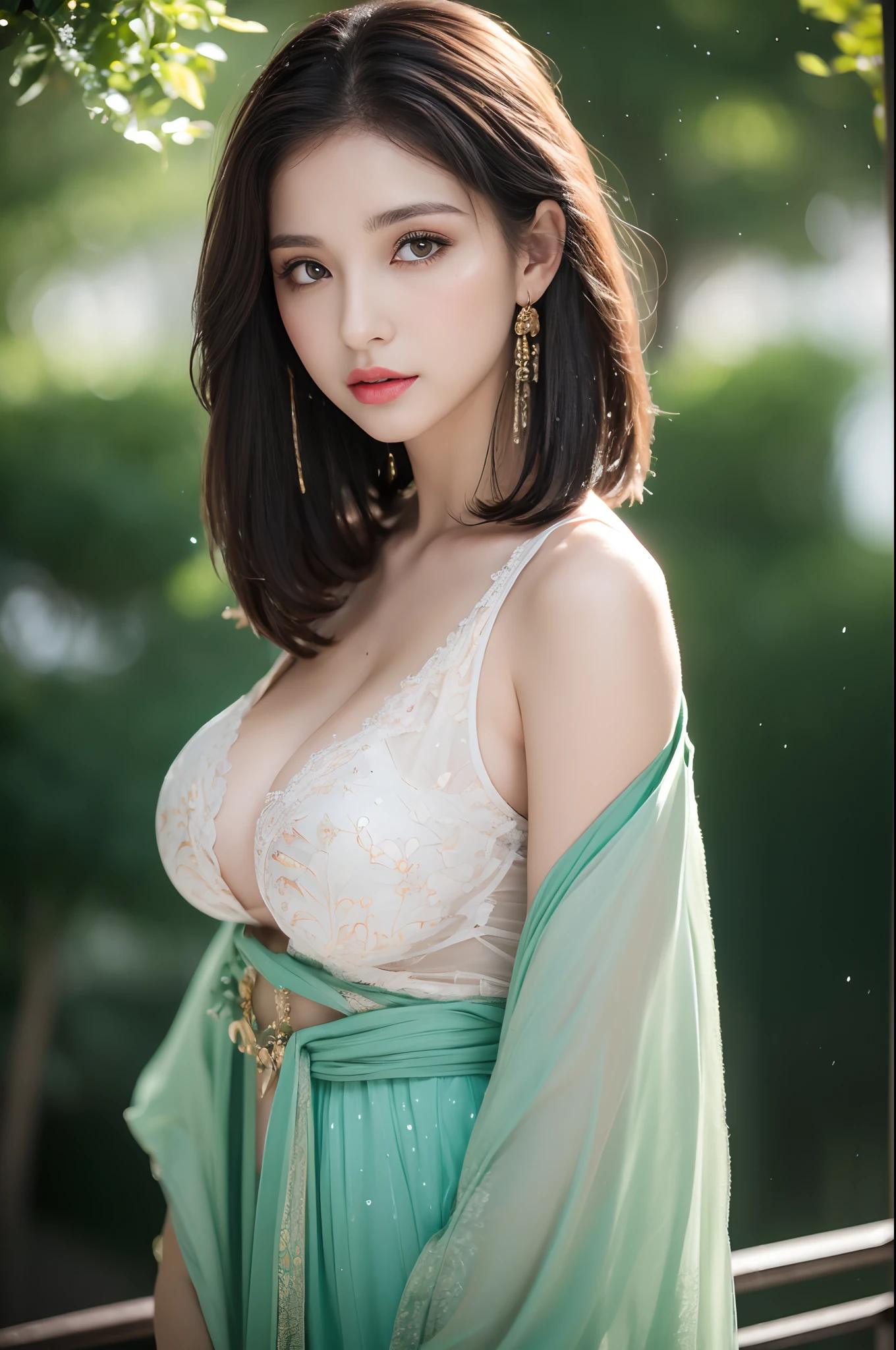 ((Best Quality, 8k, Masterpiece: 1.3)), Focus: 1.2, Perfect Body Beauty: 1.4, Buttocks: 1.2, ((Layered Haircut)), (Wet Clothes: 1.1), (Rain, Street:1.3), (Breasts: 1.2), (Hanfu: 1.2), Bare Shoulders, Bare Legs, Highly Detailed Face and Skin Texture, Fine Eyes, Double Eyelids, Whitened Skin, Long Hair, (Shut Up: 1.5), (Bokeh Background: 1.5), Big Breasts