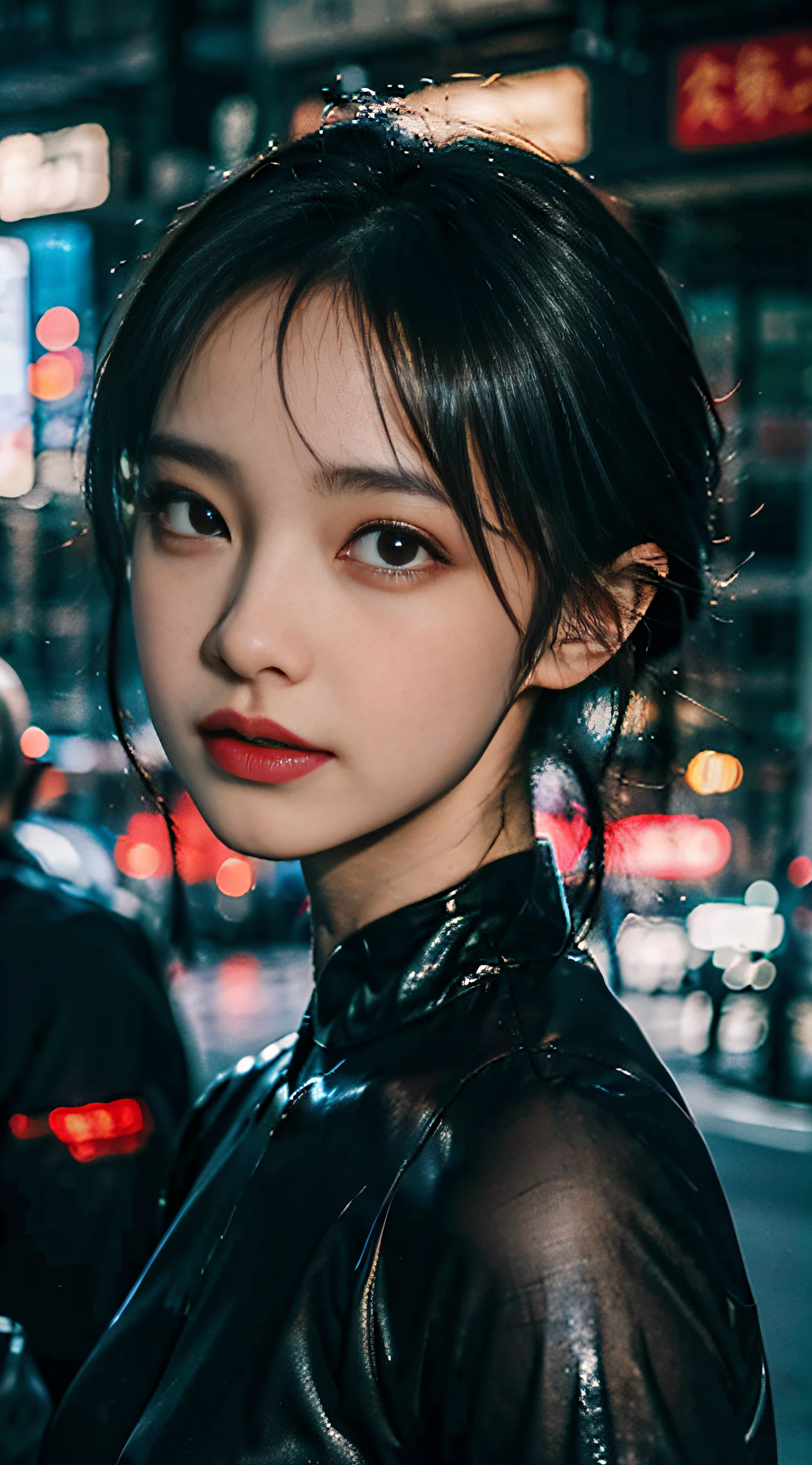 (8k, RAW photo, best quality, mastery:1.2), (realistic, photo-realistic:1.37),(Kpop idol), (aegyo sal:1),cute,professional lighting, photon mapping, radiosity, physically-based rendering , cosplay, lucy \(cyberpunk\), bob cut, mechanical parts, grey eyes, black tight suit, cyberpunk city, black pants, night, neon lights, sexy, smoke, looking at viewer,, 8k 高分辨率, 8k, CG壁纸, 现实, 清晰的背景, 中等乳房, 全身