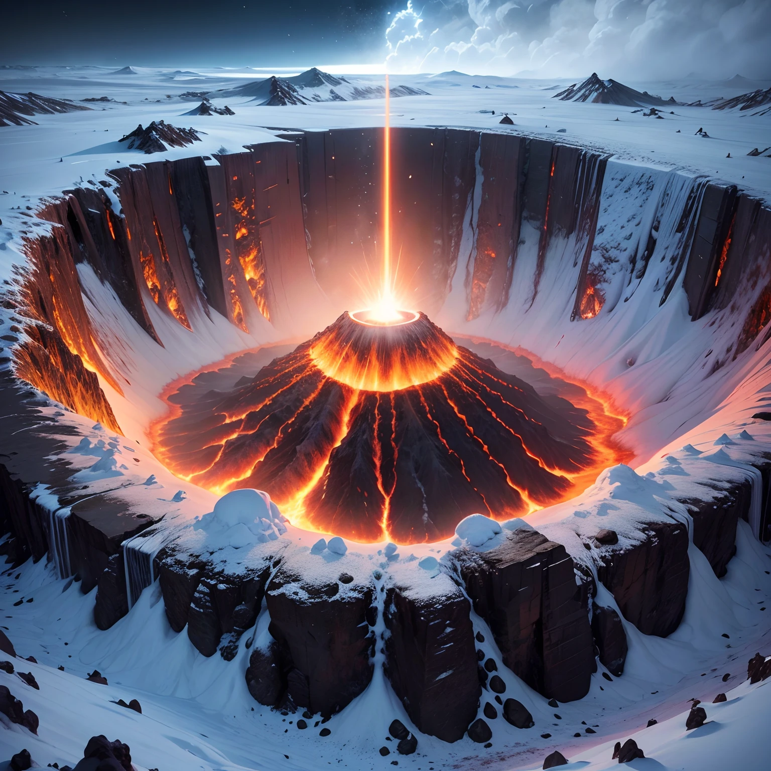 volcano eruption,(view of earth from outer space:1.1),masterpiece,high quality,hdr,8k,ultra-detailed,realistic,vivid colors,bokeh,landscape,fiery red and orange tones,dramatic lighting,smoke billowing from the volcano's crater,lava flowing down the mountainside,glowing embers in the night sky,flying debris and ash clouds,crumbling trees and rocks from the force of the eruption,startled wildlife amidst the chaos,aerial perspective showcasing the vastness of the scene,sense of danger and impending disaster