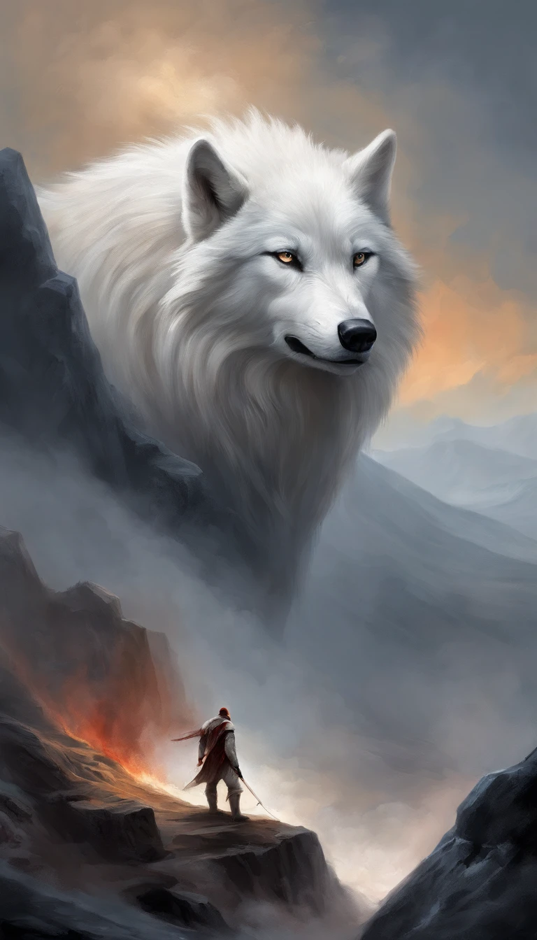 White wolf standing in front of volcano,The volcano ahead erupts with swirling magma,The sky is dark red,Away from the crater is endless black,In front of this white wolf, Countless beast-shaped black shadows rushed towards it,This white wolf was not afraid, And his eyes were firm,Flickering with a faint blue light,The big picture is oppressive and majestic。