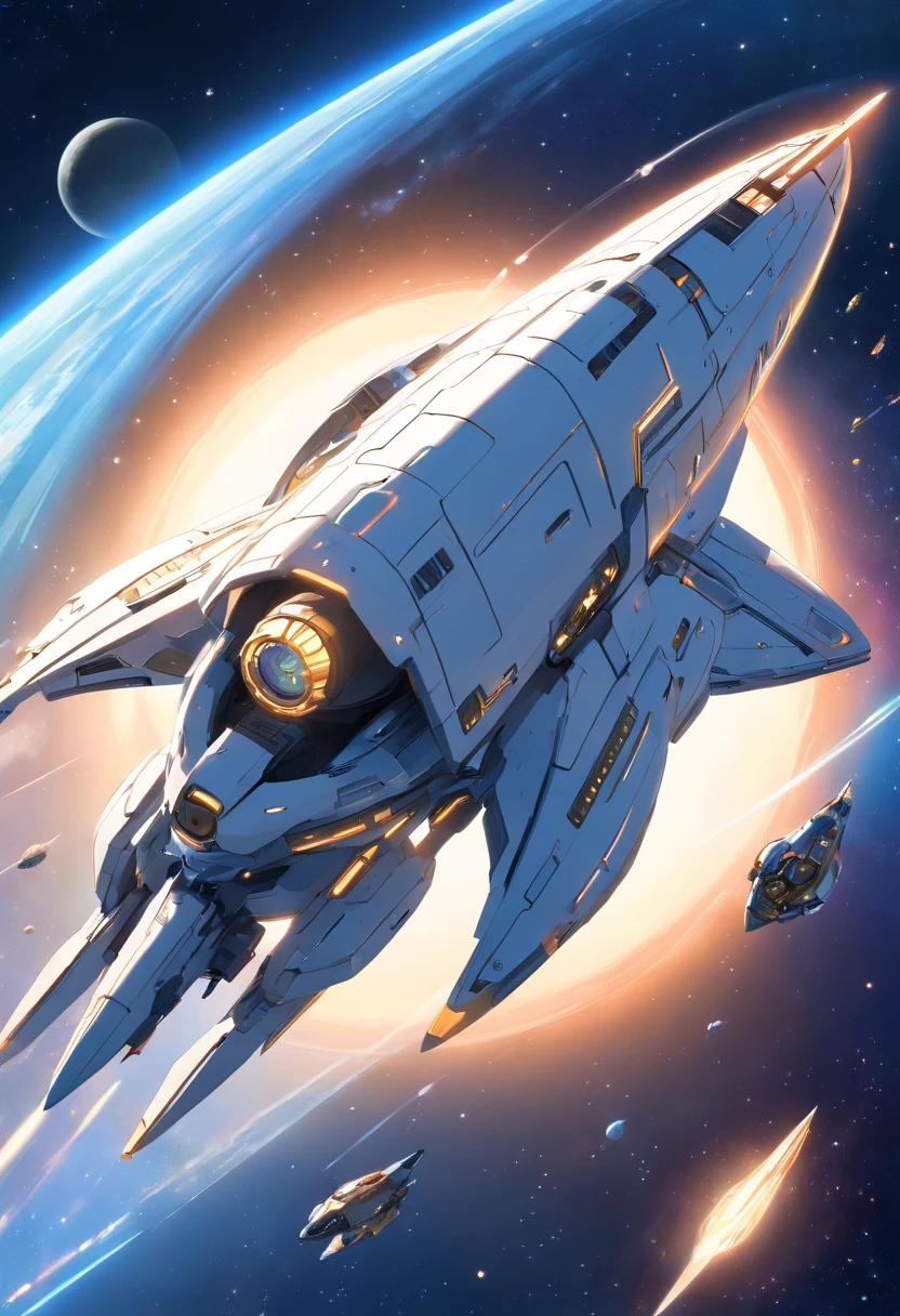 Ivory white and gold-plated starship，Such as StarCraft prototypes, A two-winged spaceship flying in the sky at night, Dark ( Spaceship ), scifi spaceship, cartoon fantasy spaceship, futuristic spaceship, alien space ship flying in space, spaceship far on the background, A spaceship in dark space, futuristic starship, detailed spaceship, Spaceship, space ship in space, legendary space ship, big weird spaceship, small starship near, space ship