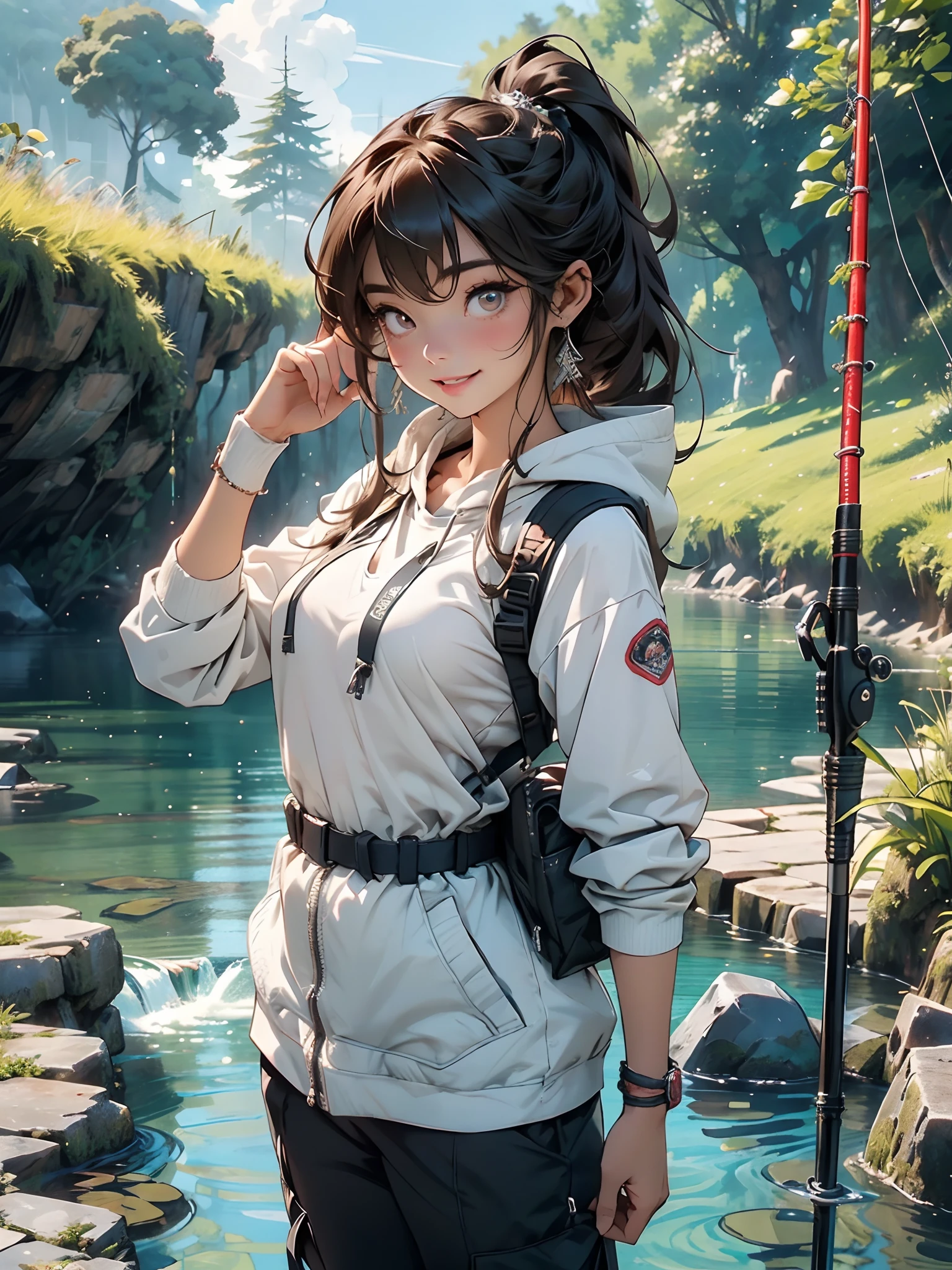 8K、masterpiece, top-quality, The ultra -The high-definition, Top resolution, ighly detailed, profetional lighting, 电影灯光、nffsw、Woman fishing in the river、Beautiful and wide river、Flowing waterfall、Petricular muscle、musgo、the woods、mont、Blue sky、Flowing clouds、steam、myst、Full Body Pose、Girl blends into the landscape、Beautuful Women, a small face、de pele branca、a very cute, 17 age、(A detailed eye、Bright pupils、Gradient Eyes:1、finely detailed beautiful eye:1、Symmetrical eyes:1、big highlight on eyes:1.2)、detailed hairs、Brown eyes)、breasts are medium in size、(brown haired、Ponytail Short Films、Braiding、Fluttering hair)、(1 fishing rod、Holding a fishing rod in your hand、Fishing lure rod、Fly Rod、Fishing Reels、with long sleeve hood、Outdoor Vest、parka、Waders、Long pants for fishing、Big backpack)、thin and long legs、Beautiful hip line、Beautiful spine、constricted back、Toned waist、The face is a little red, beutiful breast、Breast is an A cup、long hair split edges) 、(Round face: 1.4)、(Fine fingers、Ratio 4 fingers and 1 thumb、detailed arms、detailed human hands)、Open your mouth wide、Grinning and smiling with teeth、double tooth、shiny lip、(1 fishing rod、Straight stretch fishing rod、Long fishing rod、Woman fishing with fishing rod in hand)