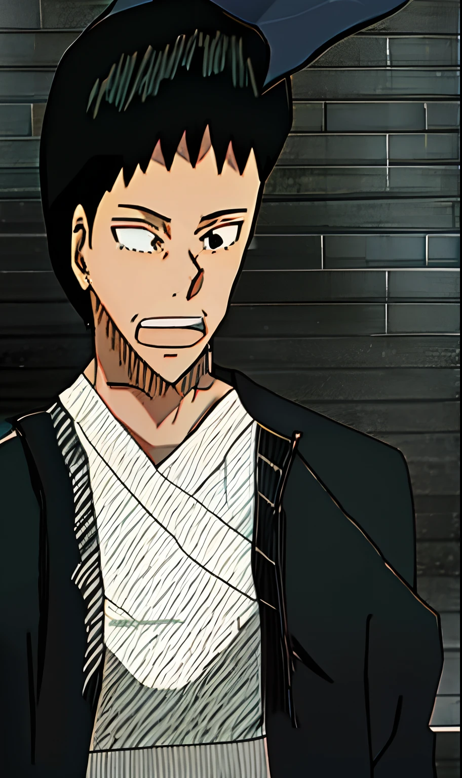 anime screencap of a man with black hair, black sweater, and brown shirt