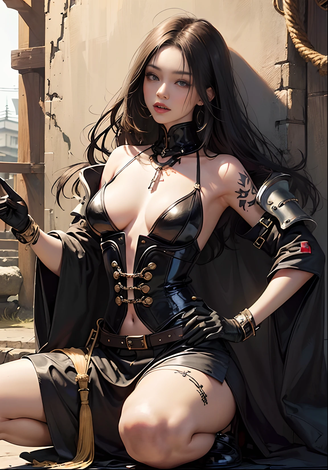 ((woman))), (((best qualityer))), (((tmasterpiece))), (((AS-Adult))), ((( Japanese ))), Look up from your knees, A beautiful asian samurai woman with perfect body, Modern samurai, ((( Asian))), Wear gloves on your hands,The left arm is made of steel and metal tips,Made of protective devices, The eyes are pulled, (( Appears below the breast )), (( Small dental floss )), Simon Bisley, Almost naked(Simon Bisley)Castle City Wilderness,For high-resolution posters, hair straight, Minimum clothing, armure (Crazy clothes ), Full of tips and rivets, tribal tattoos, (((full bodyesbian))), Straight brunette hair,Colored hair ends