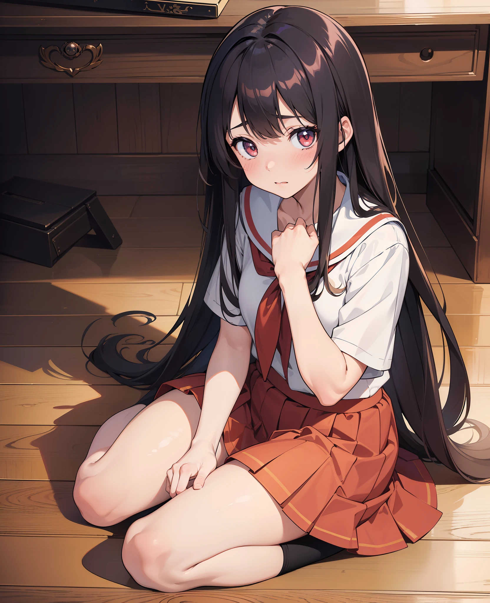 (masterpiece, best quality), (absurdres:1.2), (anime illustration:1.2), (ultra detailed, 8K, ultra highres:1.2), 1girl, young, slim, long hair, sitting on wooden floor, indian style sitting, cinematic composition, blush, embarrassed, school uniform, skirt, shot from above, upturned eyes, looking at viewer