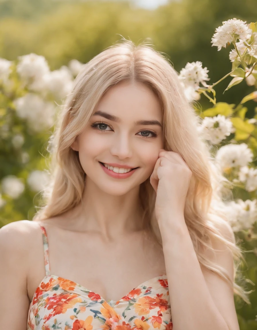 (masutepiece, Vivid portrait:1.3), (Seductive depiction of blonde woman in flower garden:1.2), (Canon EOS 5D Mark IV Camera, Famous for capturing vibrant colors and rich textures:1.2), (Paired with Canon EF 35mm F/1.4L II USM lens for versatile compositions:1.2), (Flowing, voluminous blonde hair caught in the breeze, Adding dynamism:1.1), (Glowing blue eyes reflecting the shade of the sky:1.1), (A perfect face that exudes perfection:1.1), (Knee-length sundress full of kaleidoscopes of colors:1.1), (Her cheerful smile radiating pure happiness:1.1), (Playful movements of the dress to capture the light:1.1), (A mix of wildflowers to create a vibrant backdrop:1.1), (Sunlit fields depicting a joyful atmosphere:1.1), (The sensor of the camera is、Captures the intricate texture of her hair and fabric:1.1), (Lenses that highlight her seductive smile and vibrant outfit:1.1), (A moment to capture carefree joy in nature:1.1), (The synergy of color and emotion in one frame:1.1), (Portrait capturing the essence of the radiant spirit in a blooming landscape:1.1)