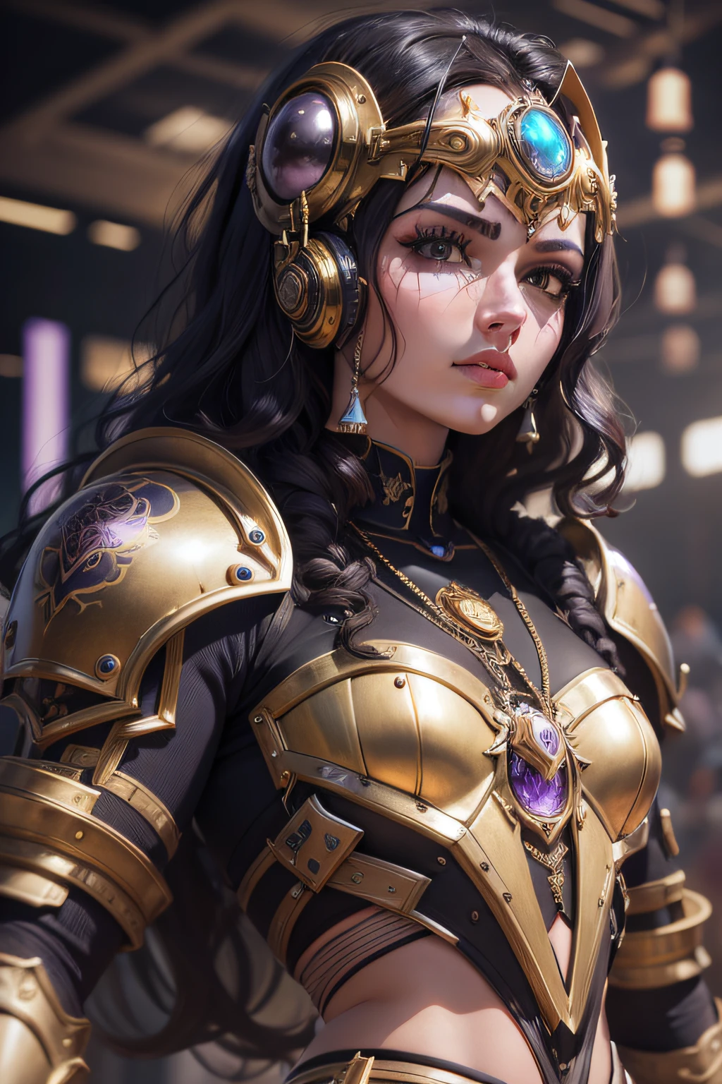 Menina em uma armadura do cavaleiros do zodiaco dourado, Mechanical armor with purple pearls, capacete de ouro com rosto a mostra, rosto meio ciborgue, steampunk, Cyberpunk, Alita, Demetra, Fotorealista, cinemactic, cores profundas ricas, masterpice, altamente detalhado, Vibrante, 8k ultra hd , retrato