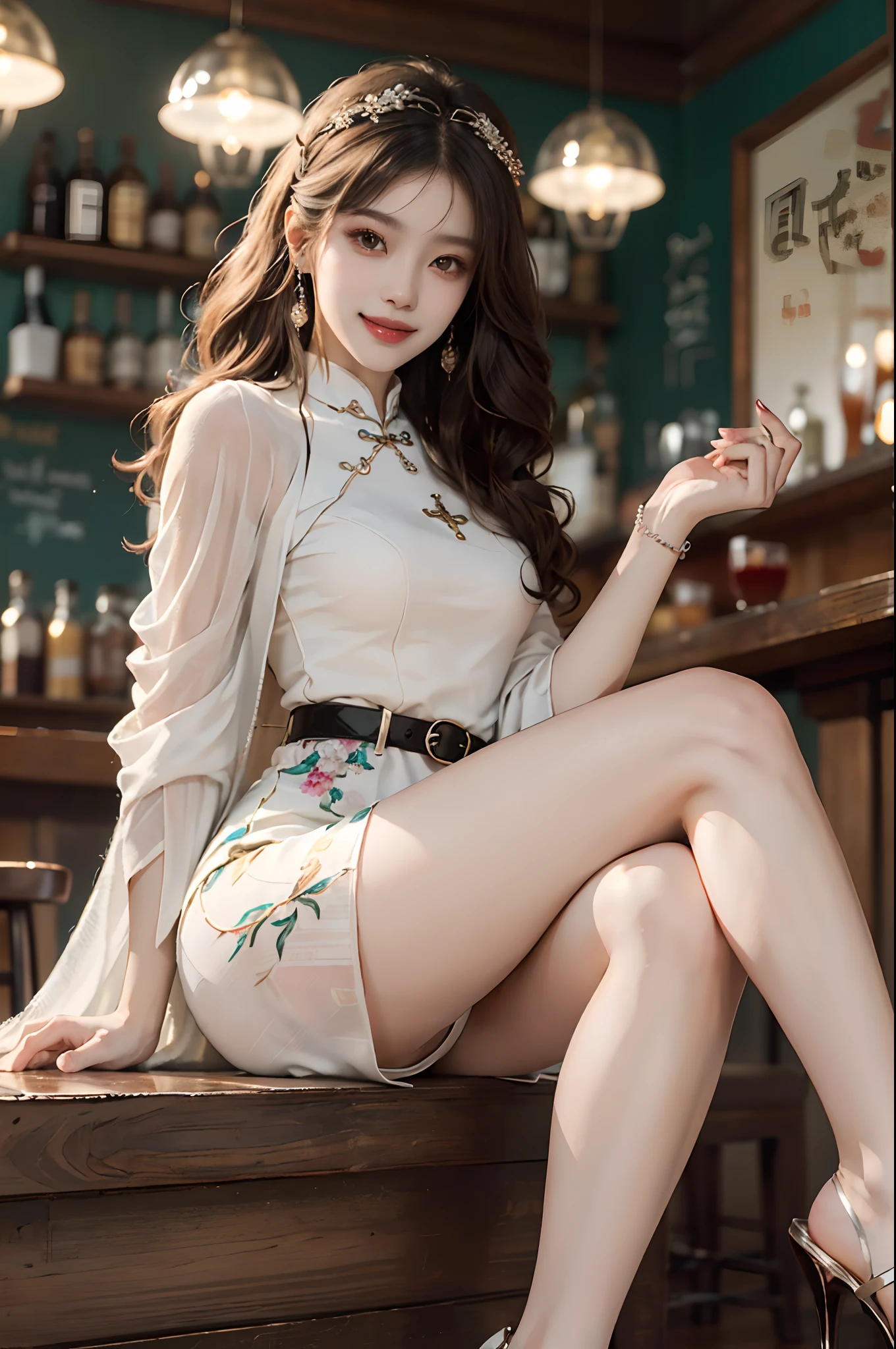 ((knee shot)), ((from below)), ((realistic)), 1 Asian female model, A young girl, (Close up), (in a pub, Sit Pose, Cross ed leg, Leaning against the bar), Look out the window, Pleasing posture, Eye-catching poses, Detailed scenes, Coiled hair, Hairpins, Beautiful hair accessories, Brownish-yellow hair, light make-up, Blushlush, Gloss on lips, pretty legs, ((White cheongsam, shawl, high-waist, Nice belt, high-heels)), ((warm lights, a warm color palette)), (Extremely high color saturation), Detailed details, ultra-detailliert, (tmasterpiece, best qualtiy), (An extremely delicate and beautiful work), Delicate earrings, Delicate necklace, Simple blurred background, Extreme detail description, Ultra-fine painting, Delicate face, slim toned body, Slimming the waist, (ssmile, grin), (anatomy correct)