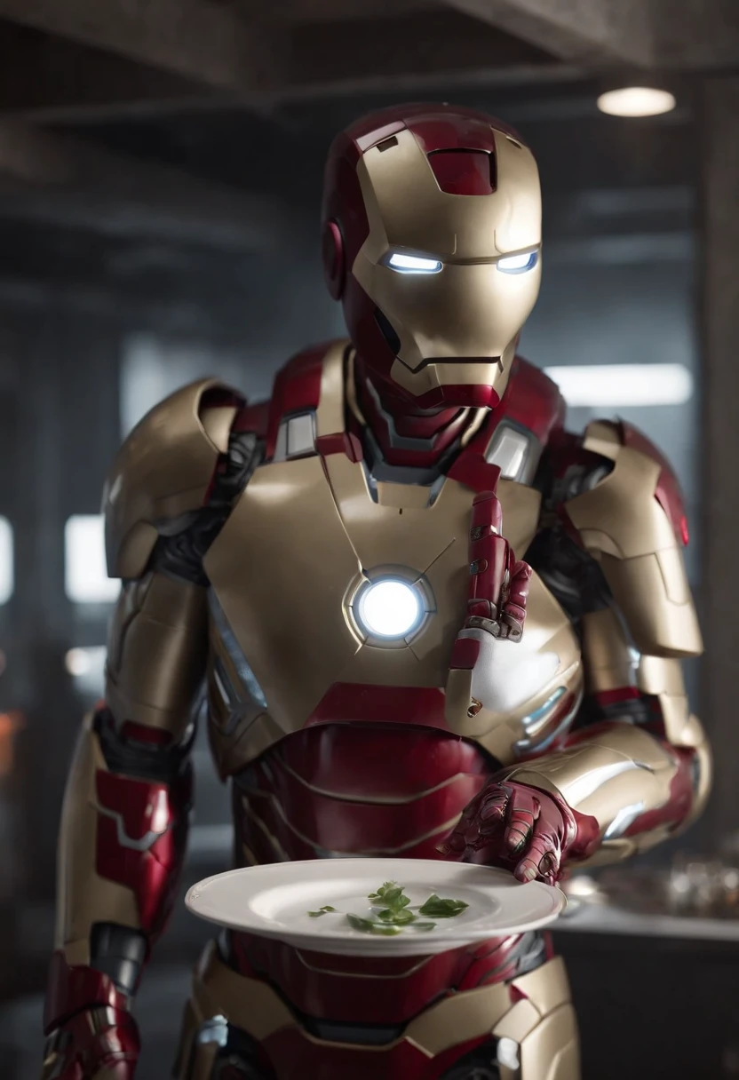 Marvel's somber half-length portrait of Iron Man holding an empty plate, with intricate angular cybernetic implants within a futuristic kitchen, cyberpunk, Foto premiada, Neon lights, cybernetic limb, obra maestra, UHD, 32K, ultrarrealista, HQ 4K, Renderizado en Unreal Engine 4K HQ, Renderizado en Unreal Engine 4K HQ, Arte conceptual 4K e hiperrealismo, Renderizado 4K detallado, Ironman, ArtStation 4K, Renderizado 4K de alto detalle, Tendencias 4K en la sede de ArtStation, Extremadamente fotorrealista