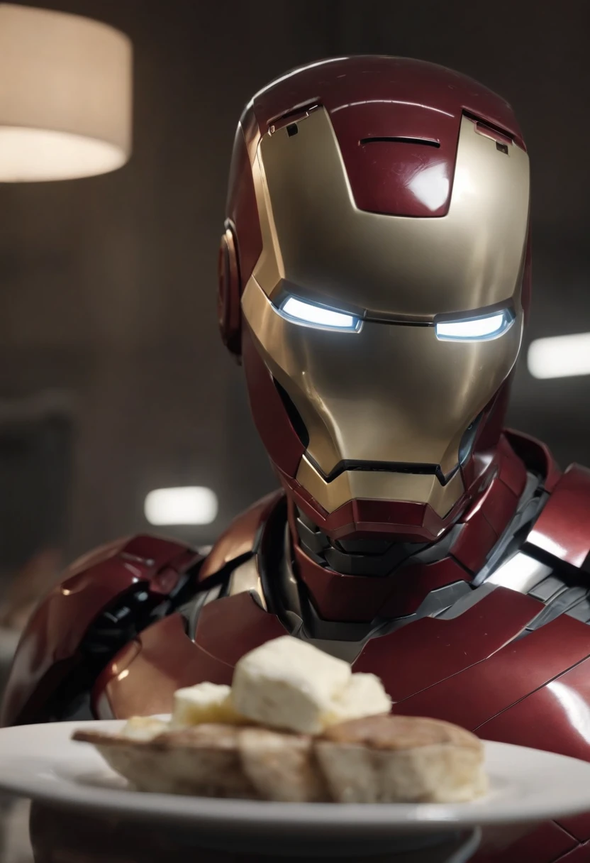 Marvel's somber half-length portrait of Iron Man holding an empty plate, with intricate angular cybernetic implants within a futuristic kitchen, cyberpunk, Foto premiada, Neon lights, cybernetic limb,  obra maestra, UHD, 32K, ultrarrealista, HQ 4K, Renderizado en Unreal Engine 4K HQ, Renderizado en Unreal Engine 4K HQ, Arte conceptual 4K e hiperrealismo, Renderizado 4K detallado, Ironman, ArtStation 4K, Renderizado 4K de alto detalle, Tendencias 4K en la sede de ArtStation, Extremadamente fotorrealista