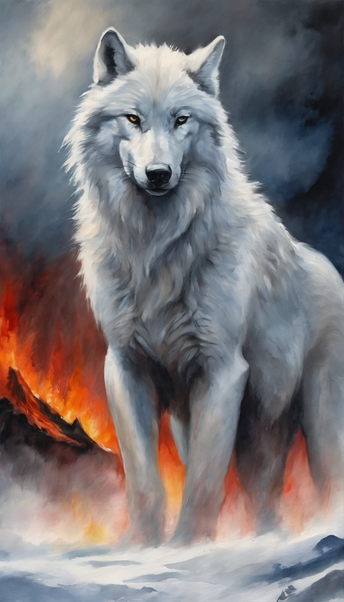 White wolf standing in front of volcano，The volcano ahead erupts with swirling magma，The sky is dark red，Away from the crater is endless black，In front of this white wolf, Countless beast-shaped black shadows rushed towards it，This white wolf was not afraid, And his eyes were firm，Flickering with a faint blue light，The big picture is oppressive and majestic。