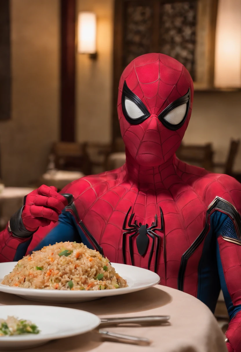 Cinematographer, ultra realista, Ropa detallada, Bellamente detallado, UHD, HDR, Altas Resoluciones, ultra detallado, Detalles intrincados, Efectos texturales, absurdos, obra maestra, 8k:1.2. En esta imagen, vemos a Spider-Man en un inusual descanso de sus actividades heroicas. He's standing in a chic Asian restaurant in his iconic costume....................
Spider-Man holds a bowl of Chinese fried rice mixed with oriental stir-fried noodles in his hands skillfully.., usando unos elegantes palillos chinos para llevar un bocado a su boca. The plate is full of fried rice, salteado. The restaurant is decorated with traditional Chinese elements, como linternas rojas colgando del techo y dragones dorados esculpidos en las paredes. The dim light of the lanterns creates a warm and welcoming atmosphere in the place.