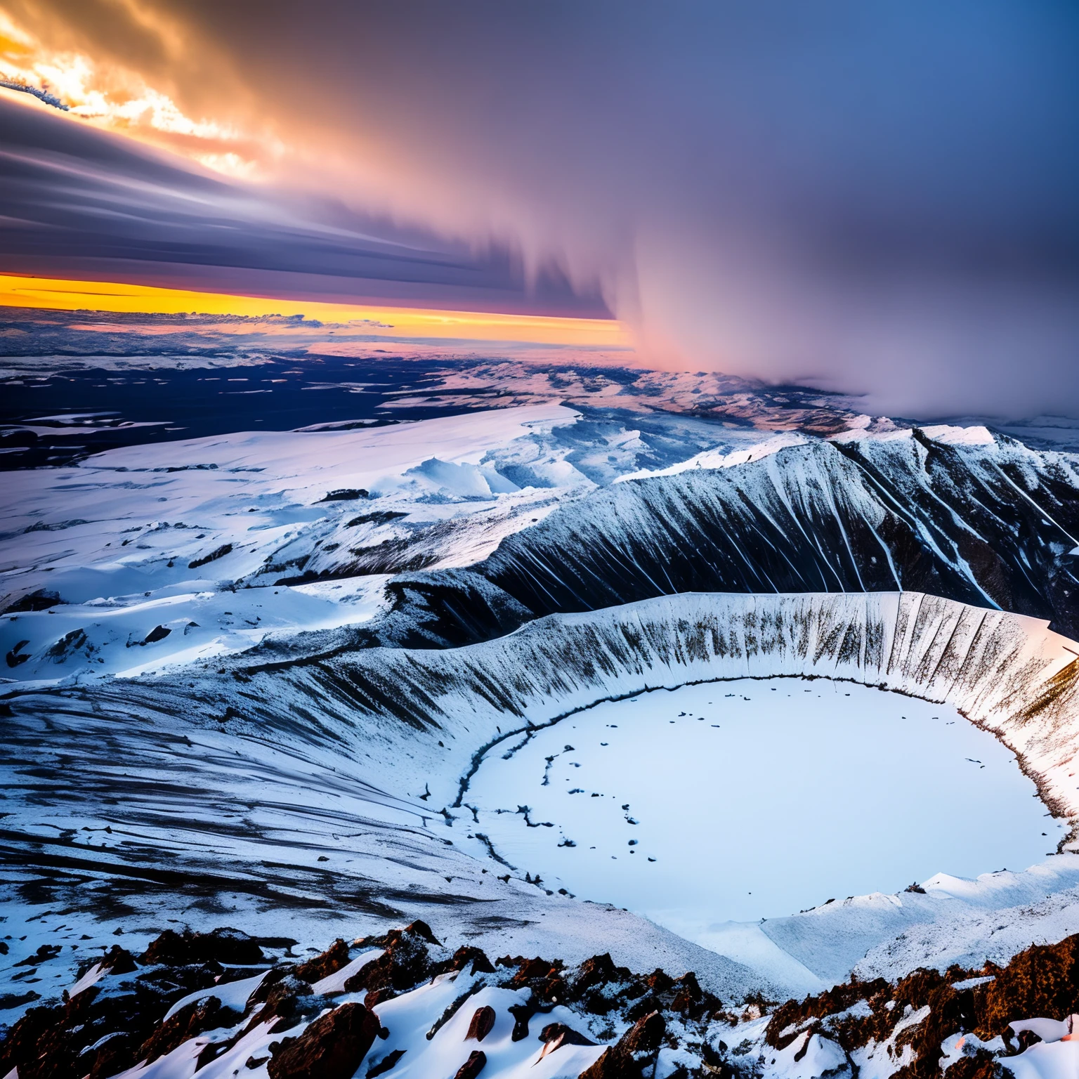 super high image, super detail, super high resolution, heavy snow, blizzard, avalanche, active volcanic crater, magma, eruption, professional lighting