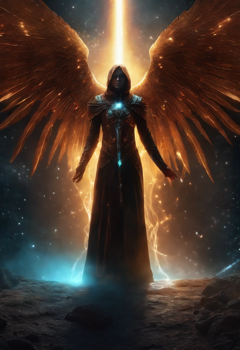 Cosmic Fallen Angel, glowing light eyes, Biomechanical, eerie, Creepy, nightmarish, Very bright colors, Light particles, with light glowing, Mshiv, wallpaper art, UHD wallpaper, Anakyr Skywalker, years, Medieval clothes