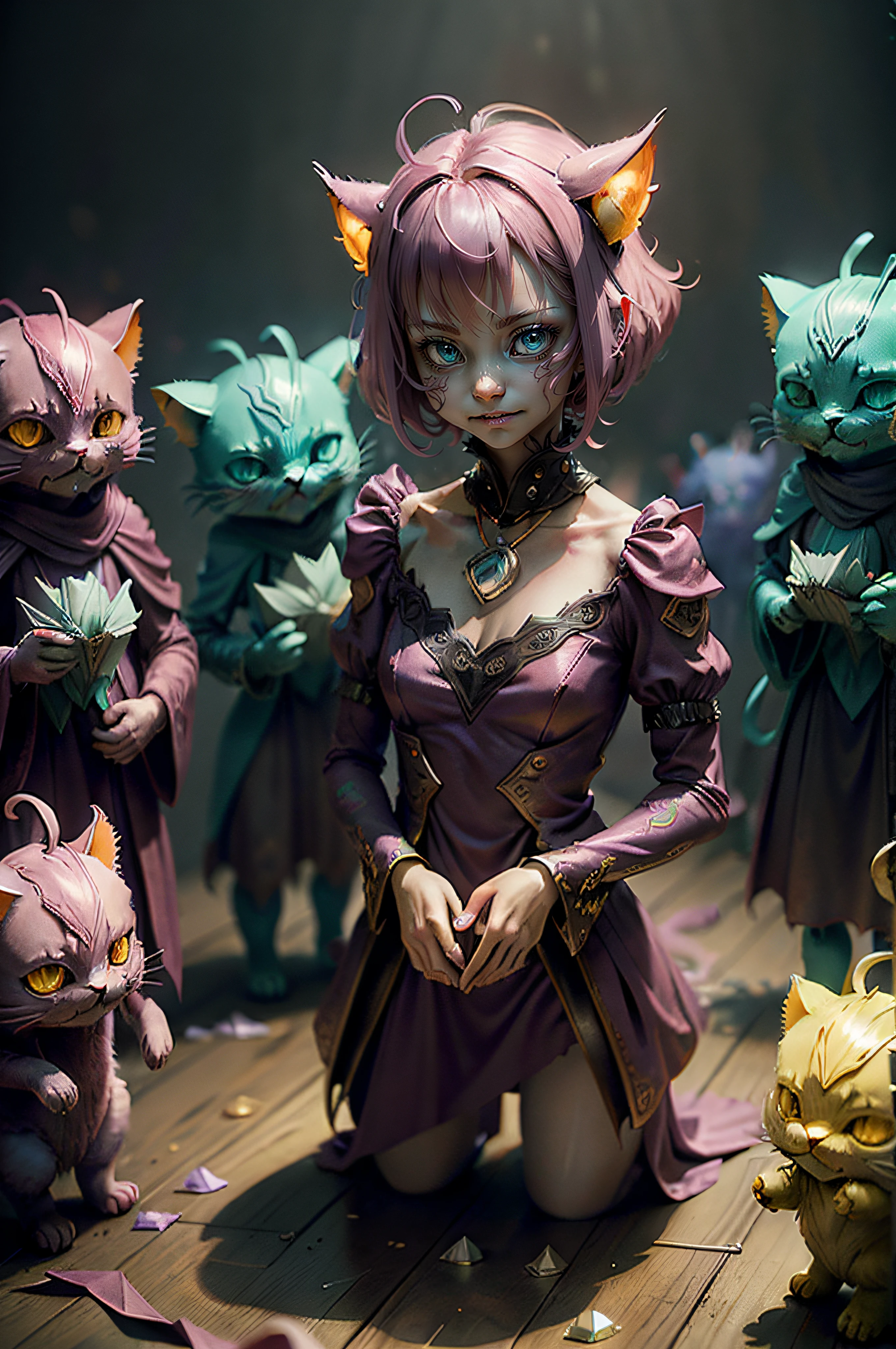 a horde of translucent microscopic cat-like creatures made of tiny tendrils. They look confused, but smile anyway.]

misty, out of focus background
, horror, mysterious, raw photo, origami, elaborate detail, film grain, 35mm, psychedelic, colors, dramatic lighting, glowing eyes, fangs, chiaroscuro,
pink, teal, white, gold riotDiffusionXLRiotGames_v10