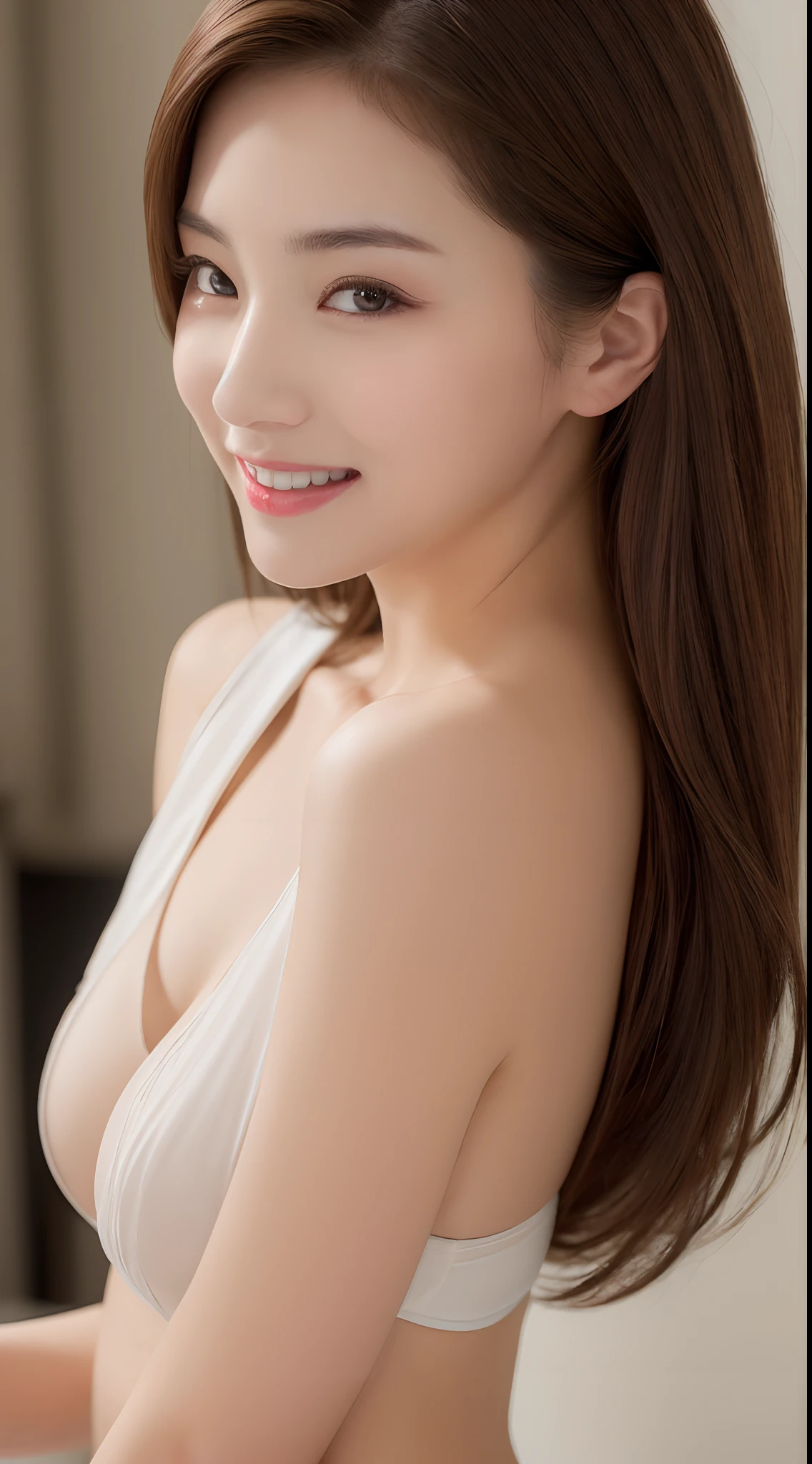 (top-quality、8k、masterpiece:1.3)、Beautiful Women in Perfect Figure:1.4、dark brown hair、Wearing a pendant、rcasual、in a kitchen、extremely detailed face and skin、A detailed eye、二重まぶた、huge tit、a smile