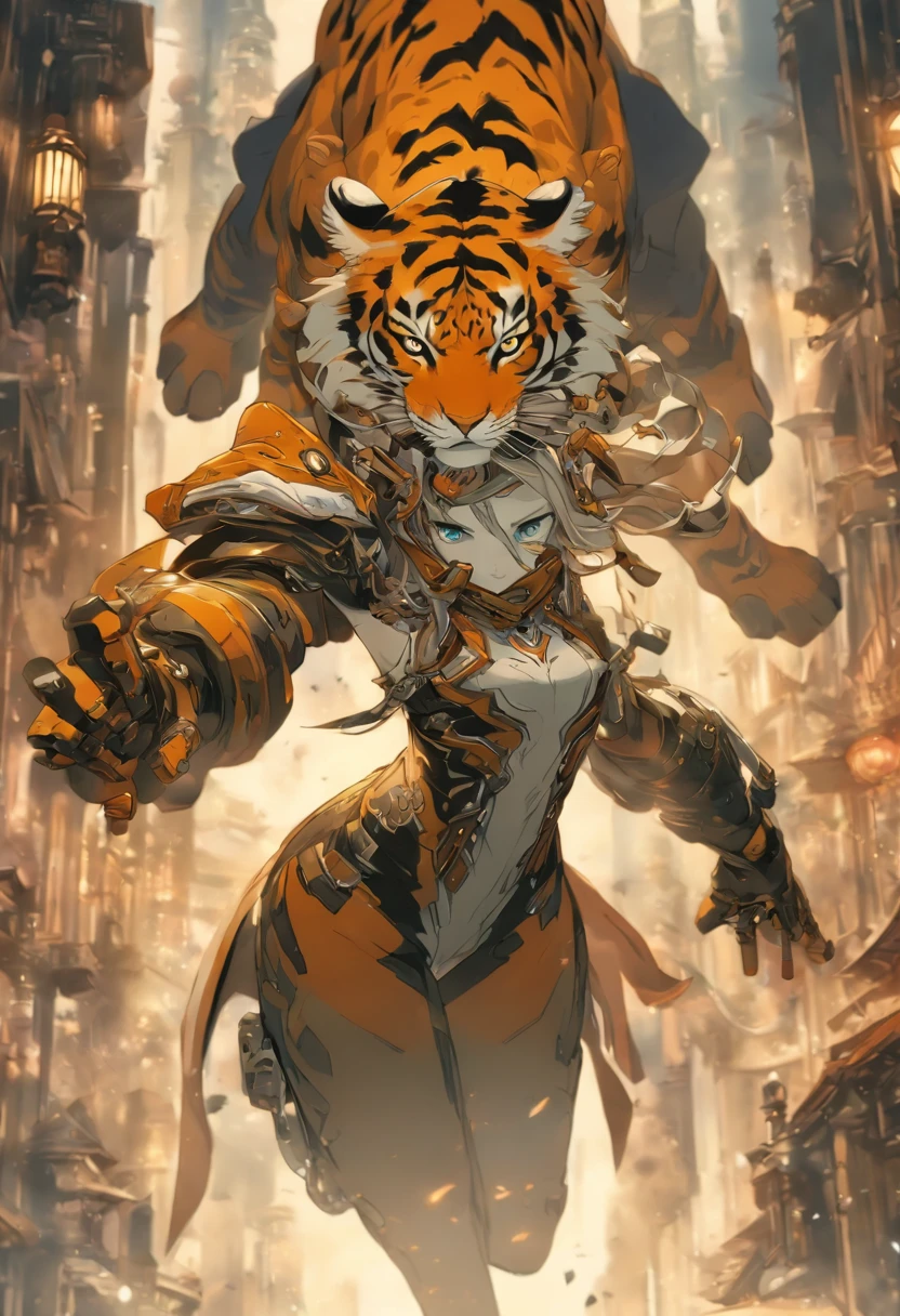 Chinese ink style，Steampunk world，Tiger-shaped steampunk warframe girl，Jet steam is suspended in the city air，Ink animation art，Ink comic art，water ink，ink，Smudge，8K，Delicately portrayed，Works of masters，Black and white tones