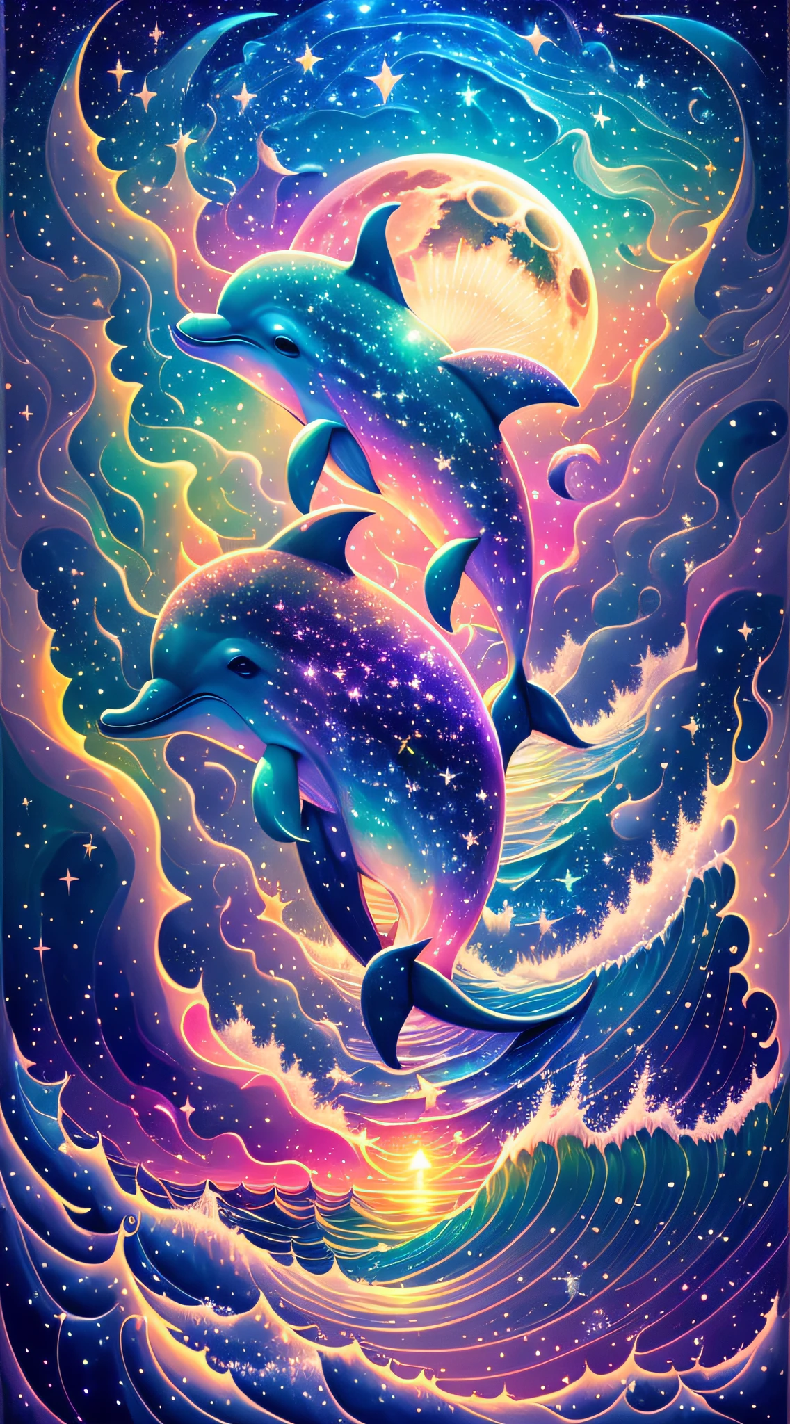 2 dolphins， 1 Full Moon， Stardust， Mare， wave， colourful light， Larson，8K，Ultra-clear details，high detailed digital art, detailed dreamscape, colorful flat surreal ethereal, chaotic sea setting