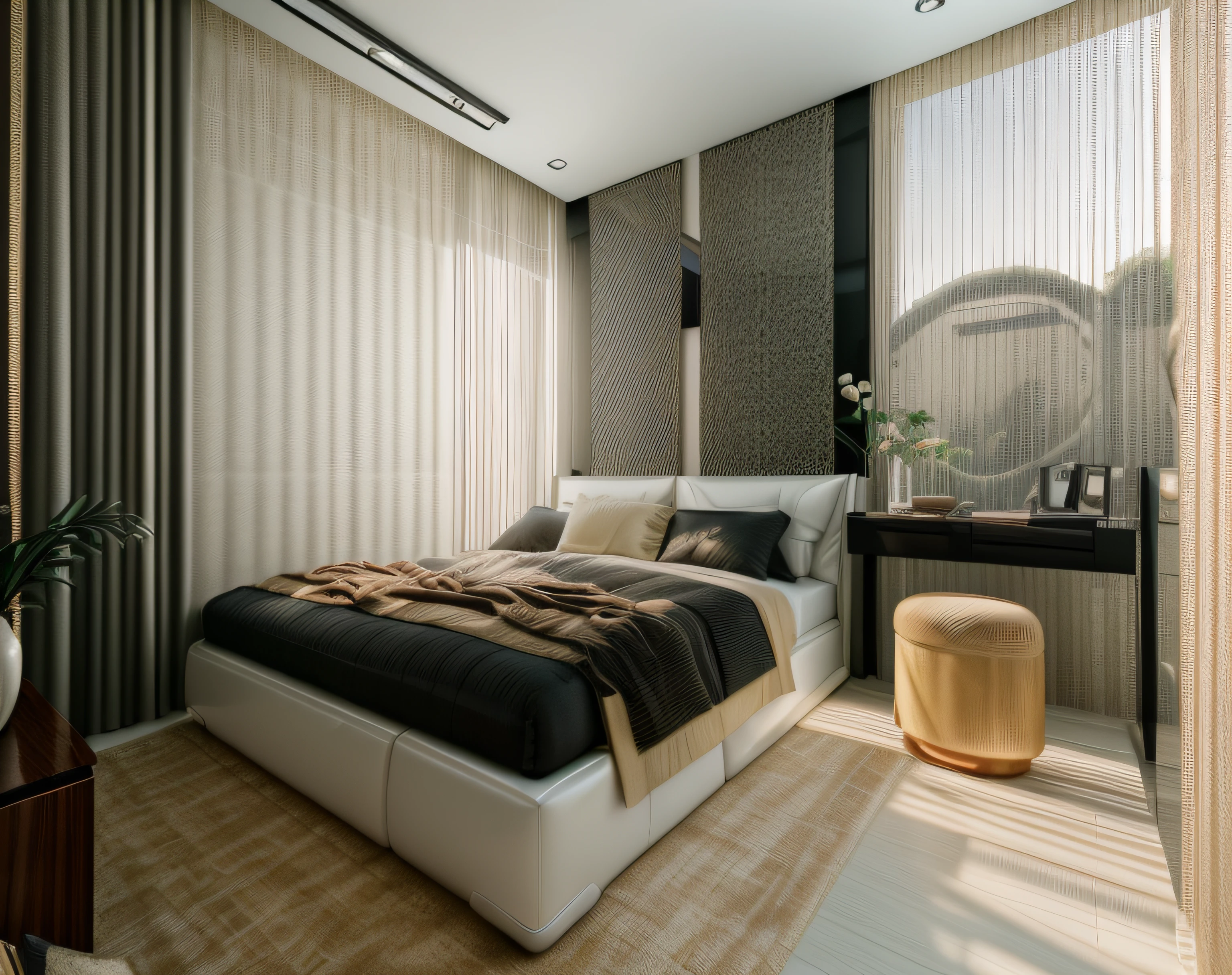 RAW photo, Masterpiece, high quality, best quality, authentic, super detailed, glossy indochina black furniture), minimalist architecture, minimalist bedroom, couch, table, carpet, shelf tv, 1 solid wood door:1.4,((laminated plaster,))), day light)), natural light fromt glass door, archdaily architecture, (high detail: 1.2), 8k uhd, dslr, soft light, high quality, film grain, Fujifilm XT3