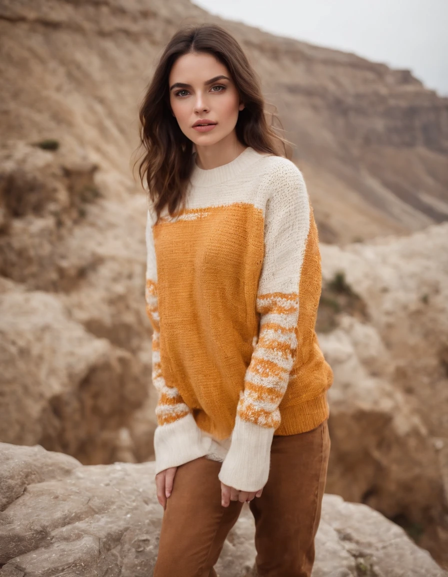 extreme close-up brunette wearing yellow sweater and brown boots in front of cliff, in the style of dark orange and white, monochrome geometry, zigzags, white and beige, photo taken with provia, dark beige and white, reefwave