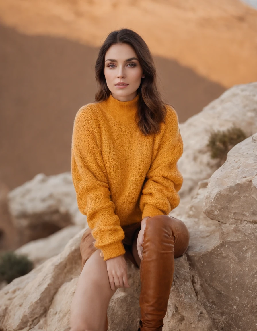 extreme close-up brunette wearing yellow sweater and brown boots in front of cliff, in the style of dark orange and white, monochrome geometry, zigzags, white and beige, photo taken with provia, dark beige and white, reefwave