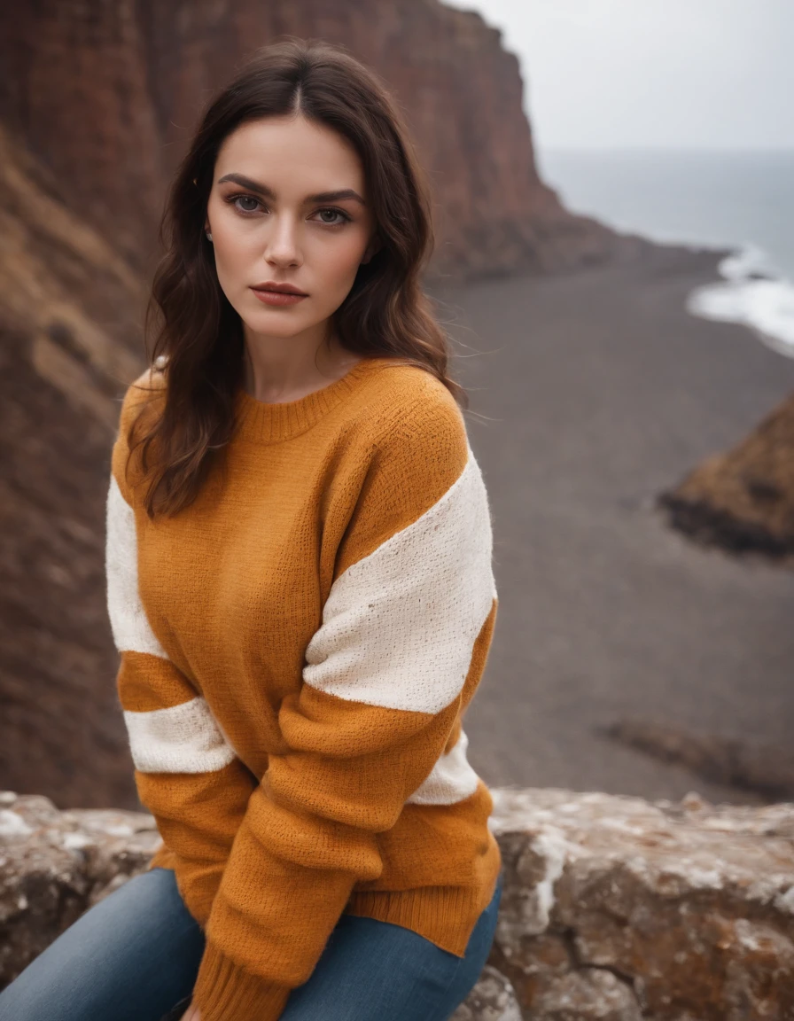 extreme close-up brunette wearing yellow sweater and brown boots in front of cliff, in the style of dark orange and white, monochrome geometry, zigzags, white and beige, photo taken with provia, dark beige and white, reefwave