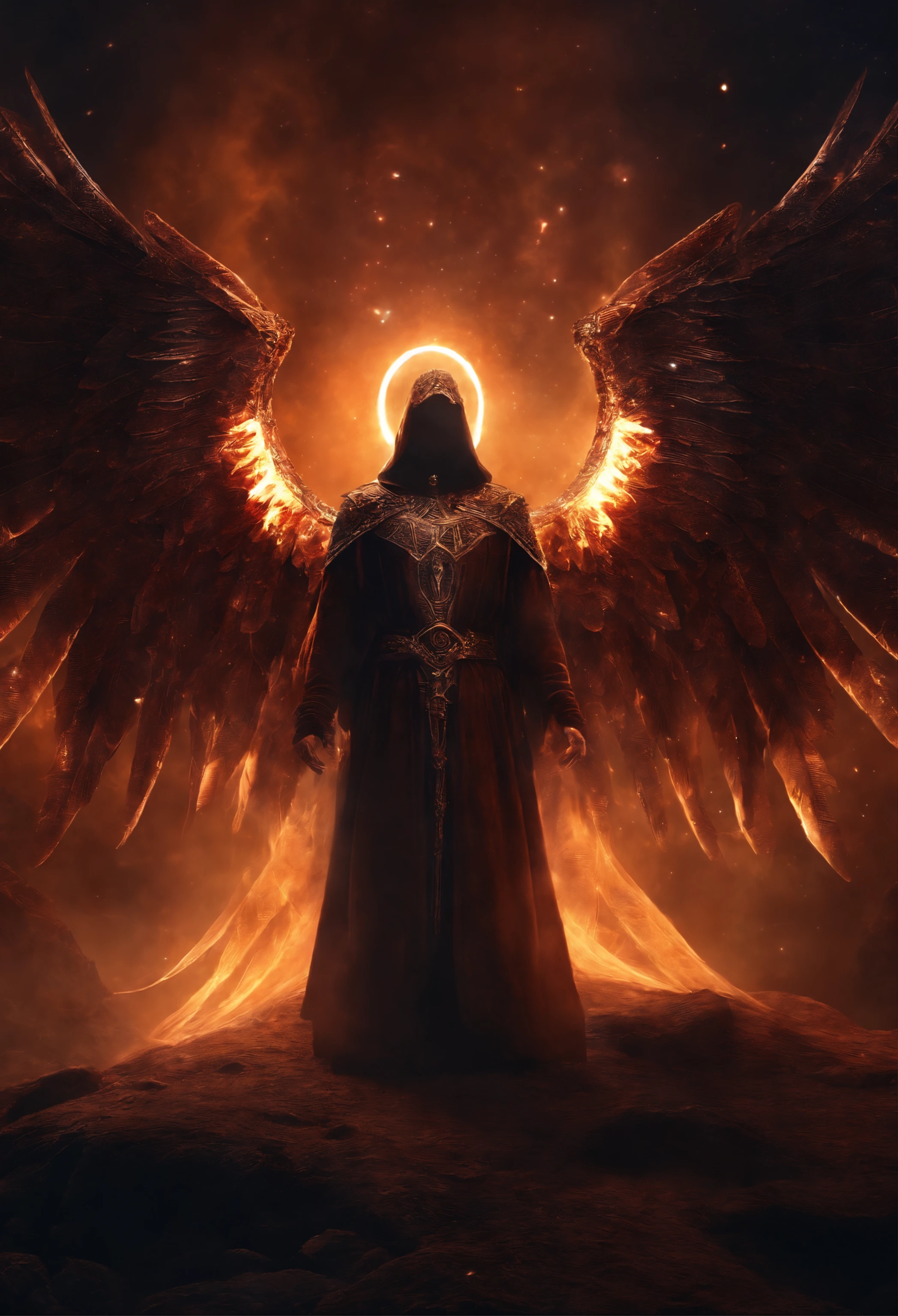 Cosmic Fallen Angel, glowing light eyes, Biomechanical, eerie, Creepy, nightmarish, Very bright colors, Light particles, with light glowing, Mshiv, wallpaper art, UHD wallpaper, Anakyr Skywalker, years, Medieval clothes